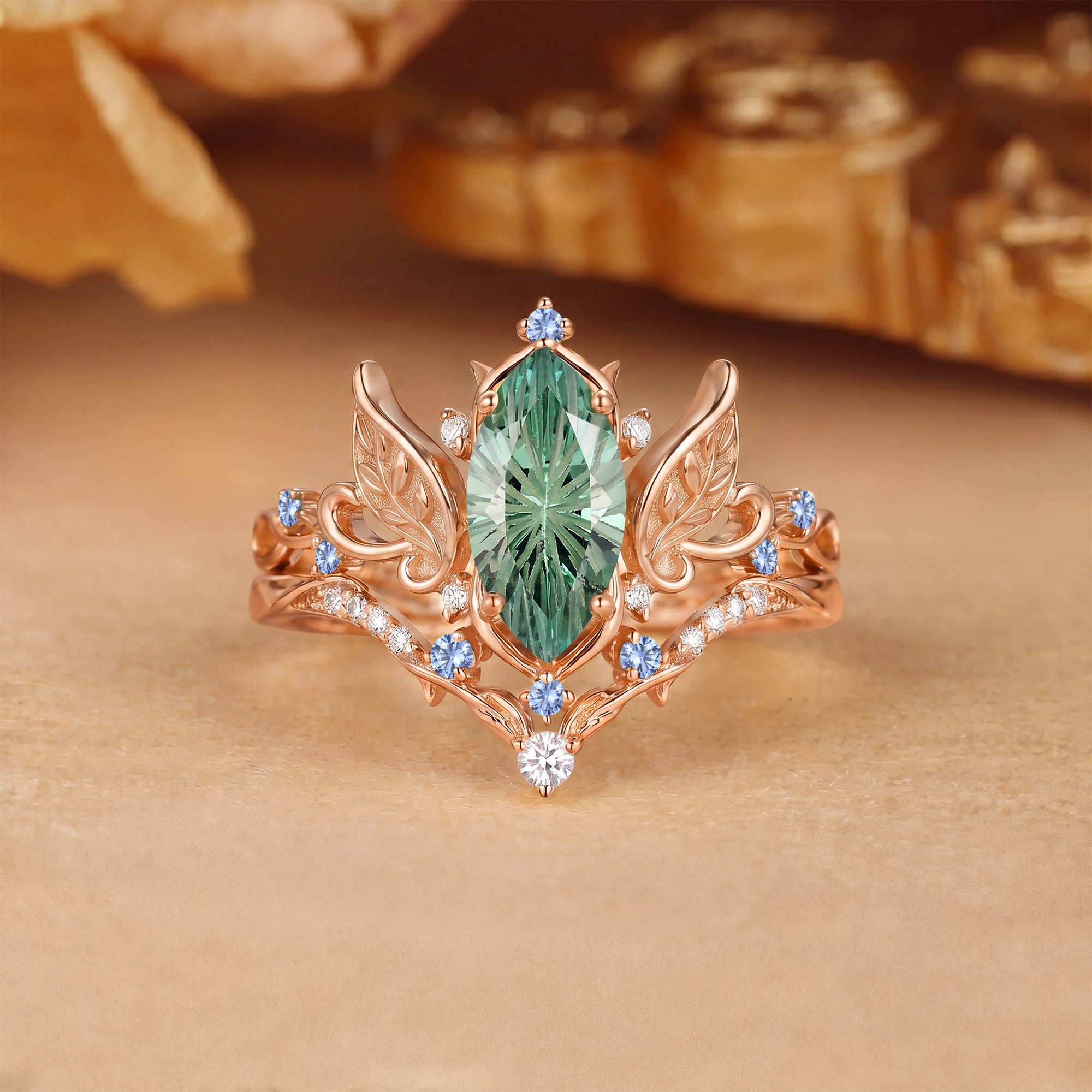 Forest Fairy Marquise Firework Cut Green Sapphire Leafy Vine Engagement Ring Set 2pcs - Fawn