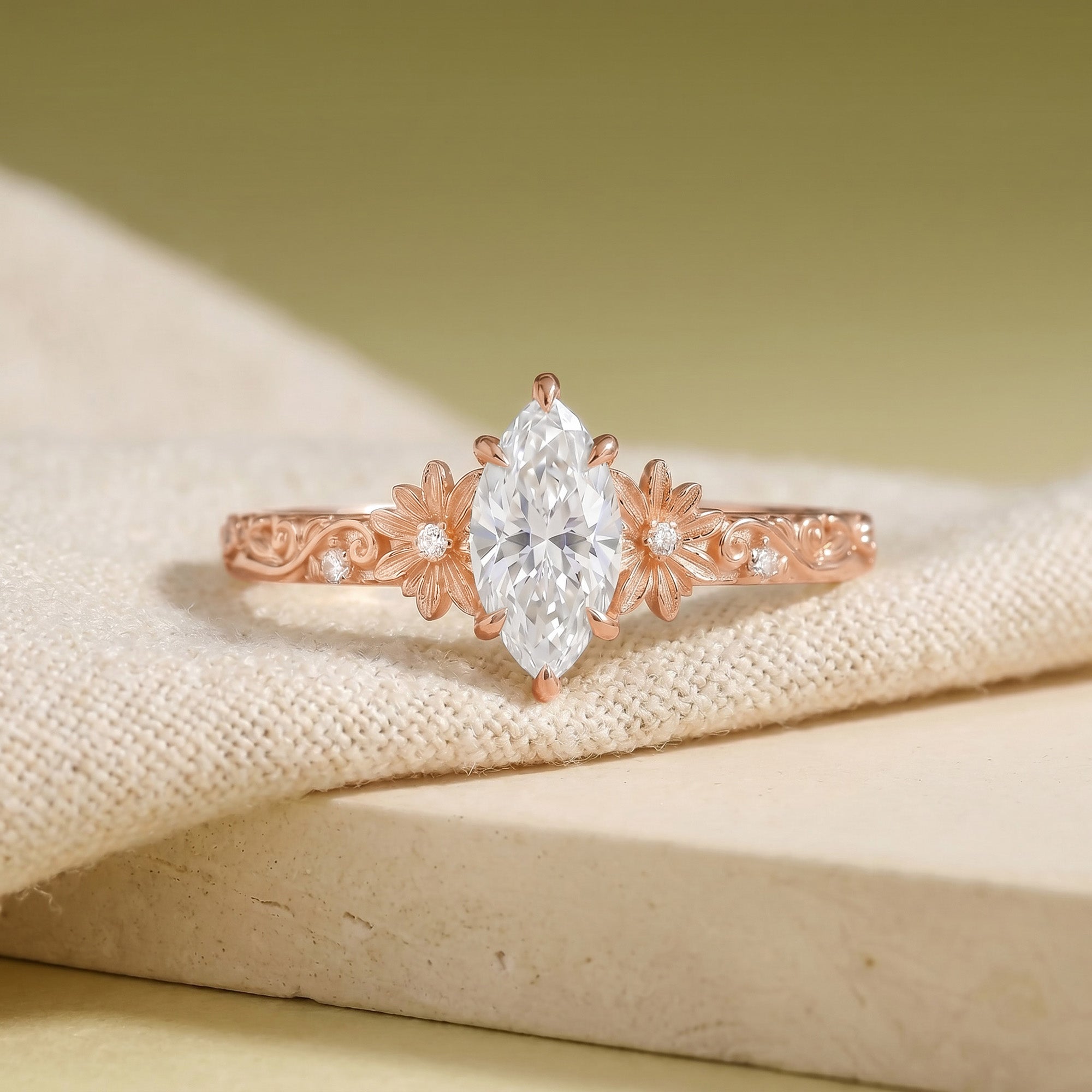 Vintage Floral Marquise Cut Moissanite Engagement Ring - Daisy