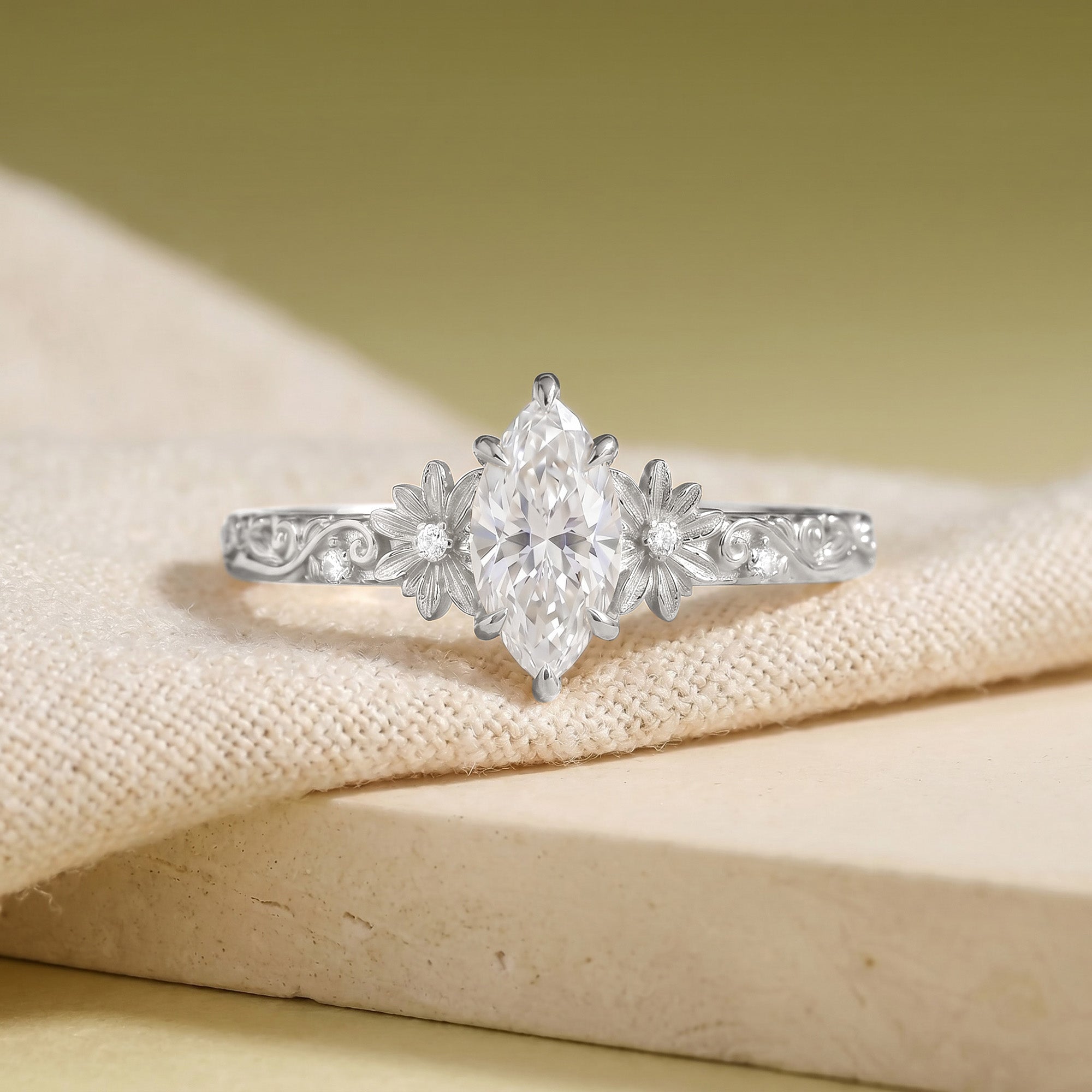 Vintage Floral Marquise Cut Moissanite Engagement Ring - Daisy