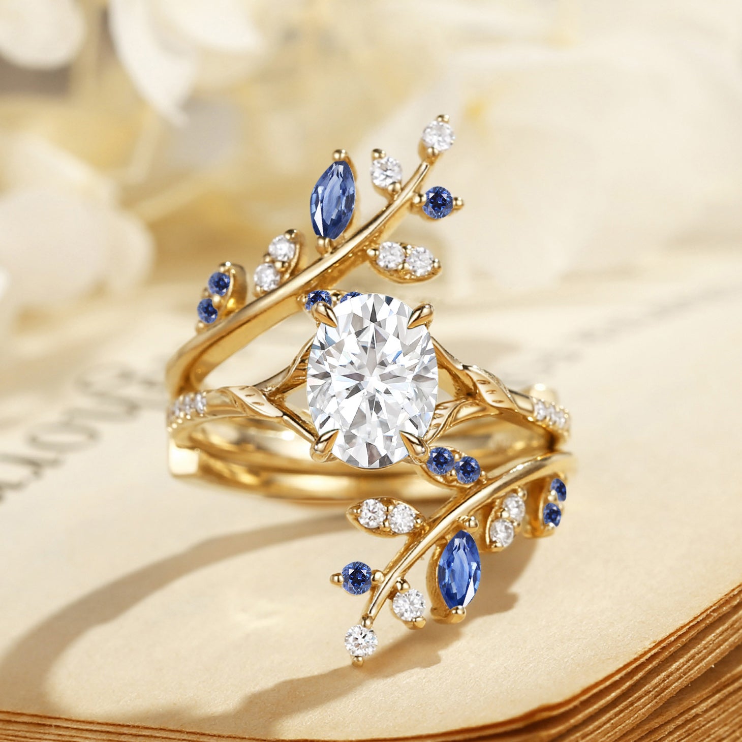 Daphne - Moissanite & Sapphire Cluster Bridal Set 2pcs