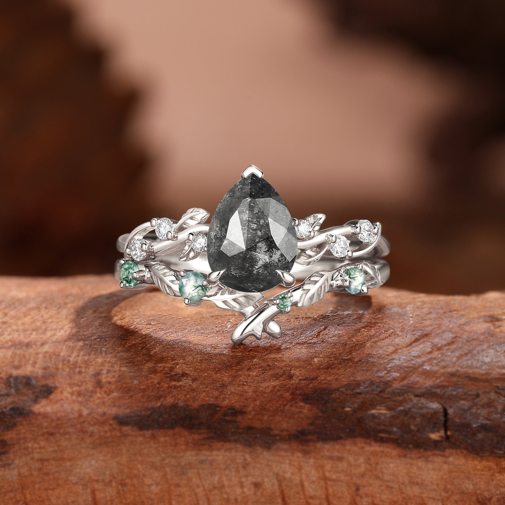 Pear Cut Salt and Pepper Diamond Leafy Engagement Ring Set 2pcs - Clarissa