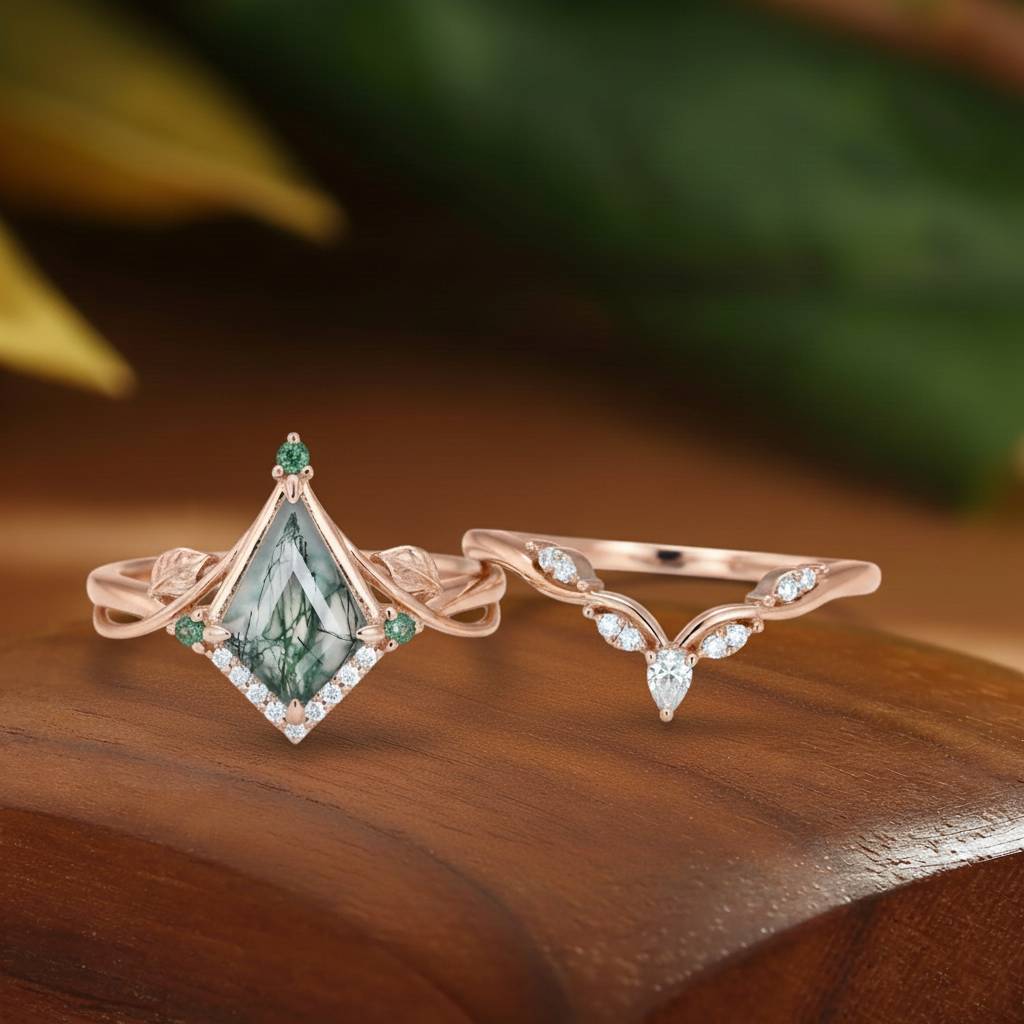 Kismet - Unique Bazel Moss Agate Kite Cut Vintage nature inspired Ring Set 2pcs
