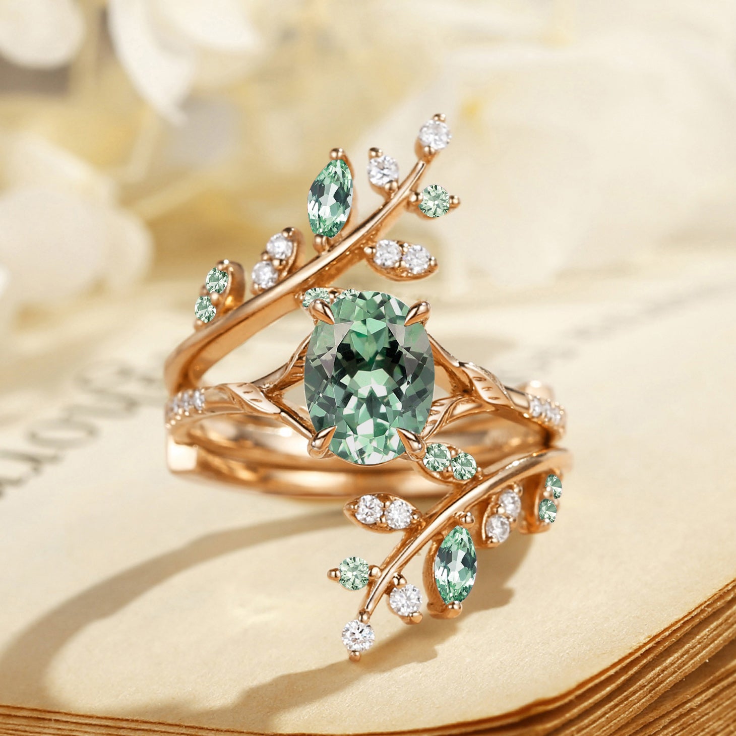 Lab Green Sapphire Cluster Bridal Set 2pcs - Daphne