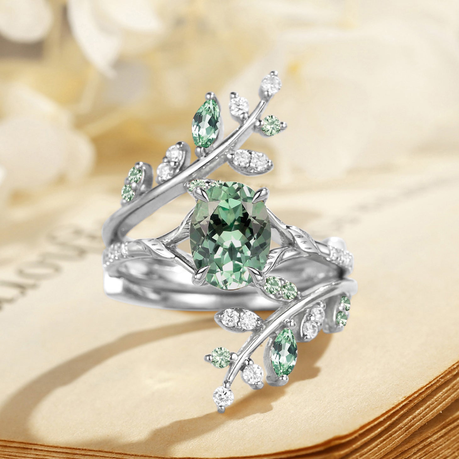 Lab Green Sapphire Cluster Bridal Set 2pcs - Daphne