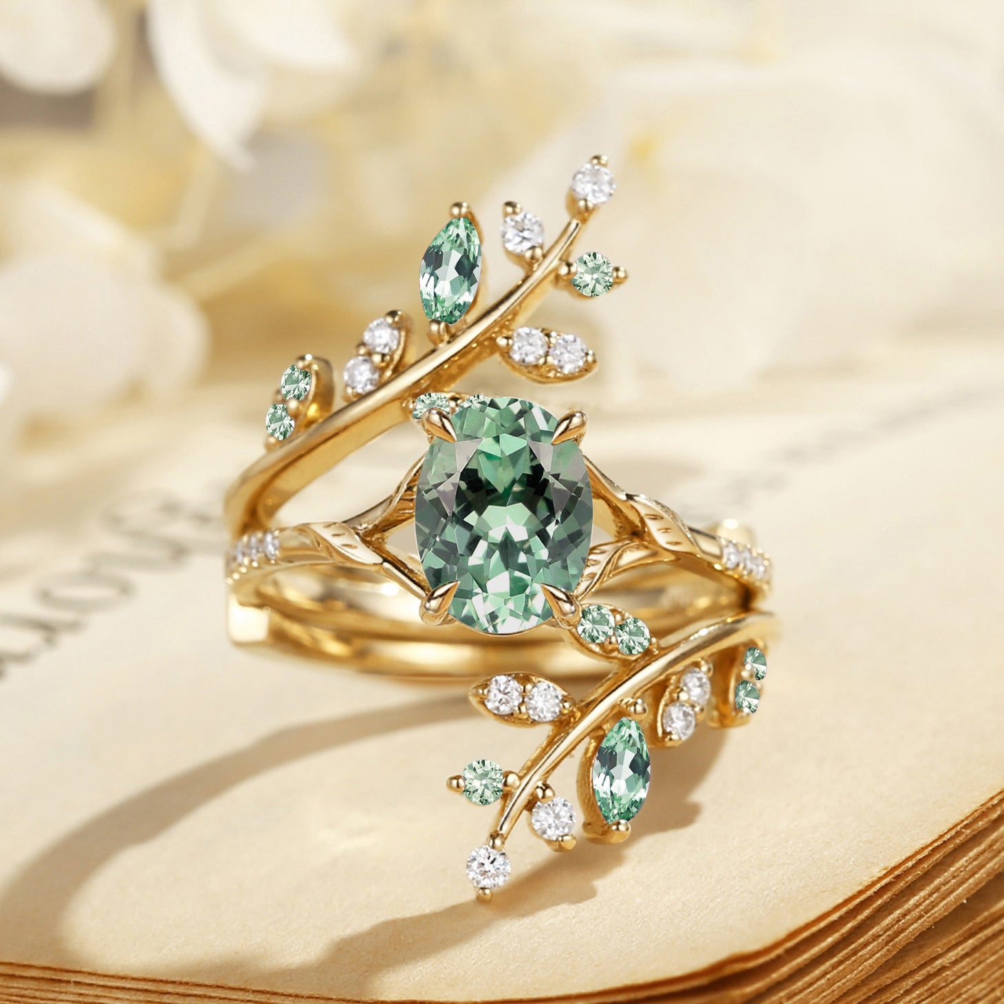 Lab Green Sapphire Cluster Bridal Set 2pcs - Daphne