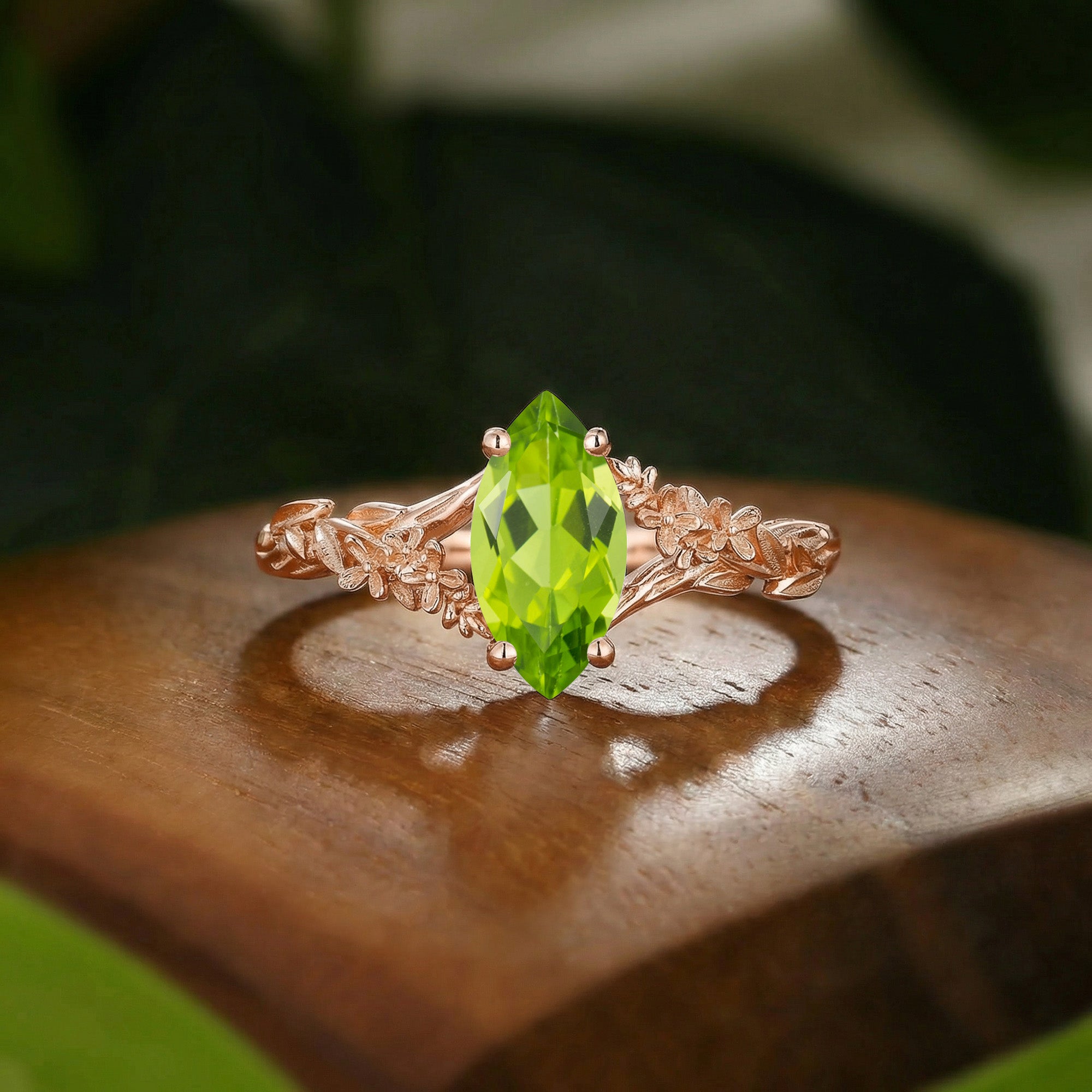 Flower Inspired Marquise Cut Peridot Leafy Engagement Ring - Eulalie
