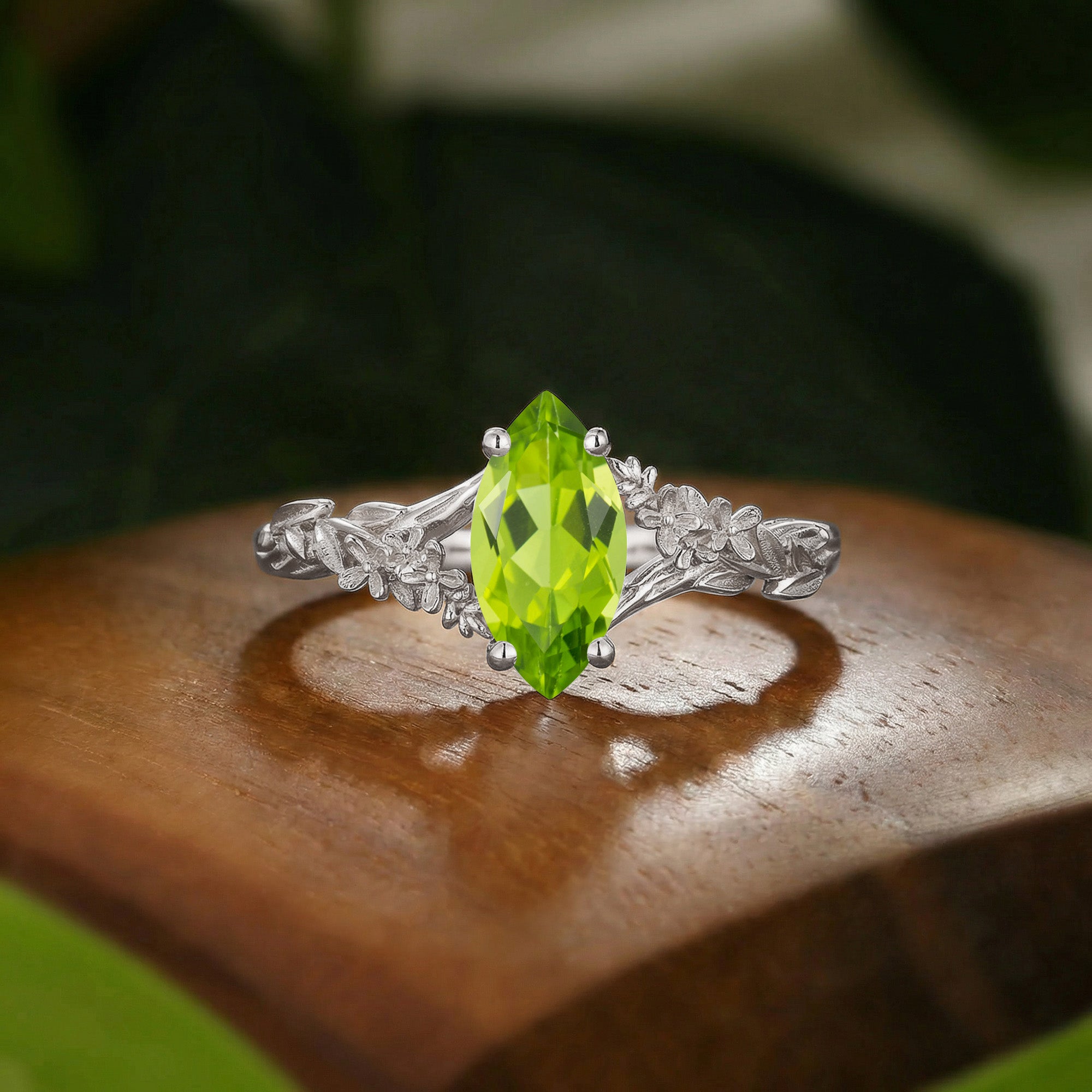 Flower Inspired Marquise Cut Peridot Leafy Engagement Ring - Eulalie