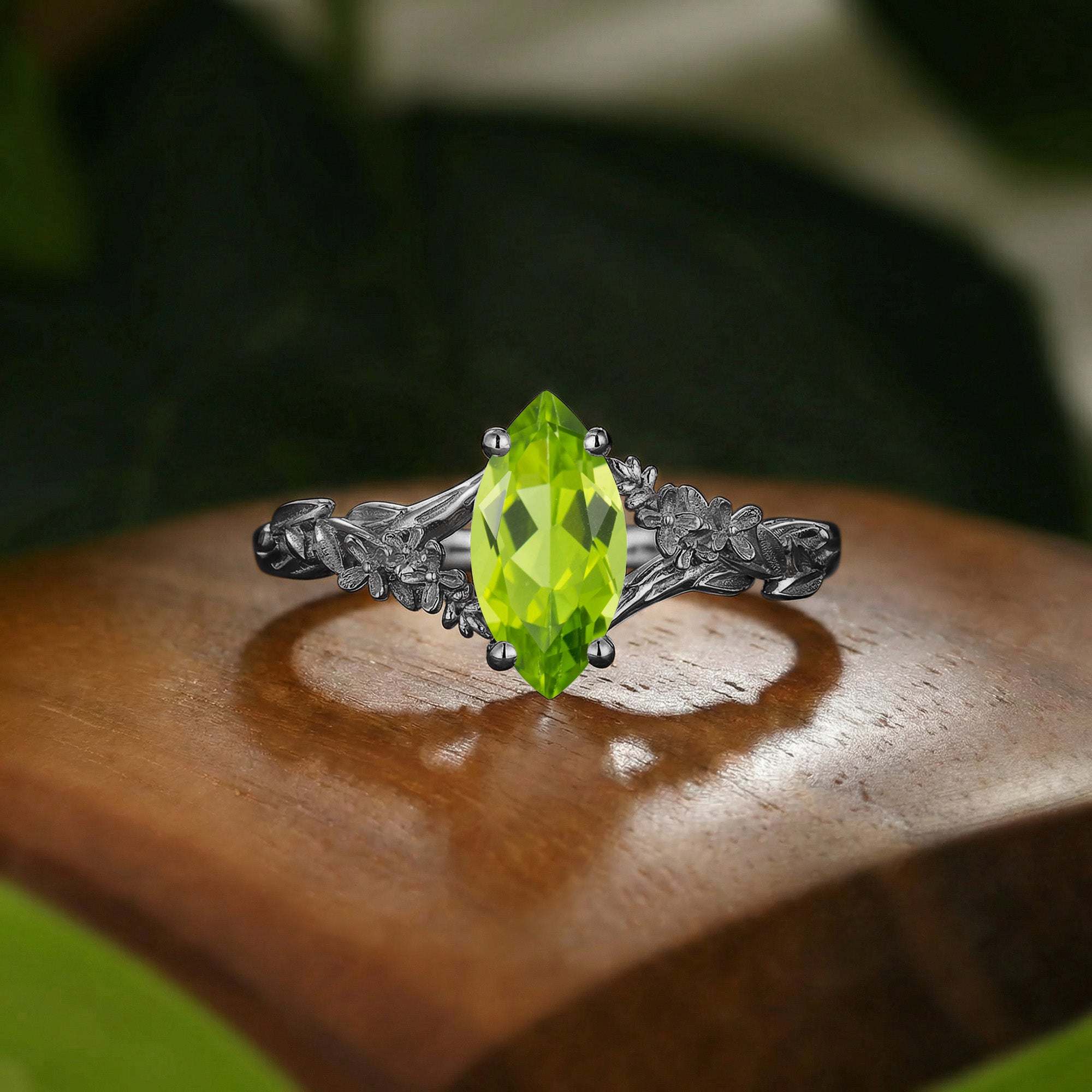 Flower Inspired Marquise Cut Peridot Leafy Engagement Ring - Eulalie