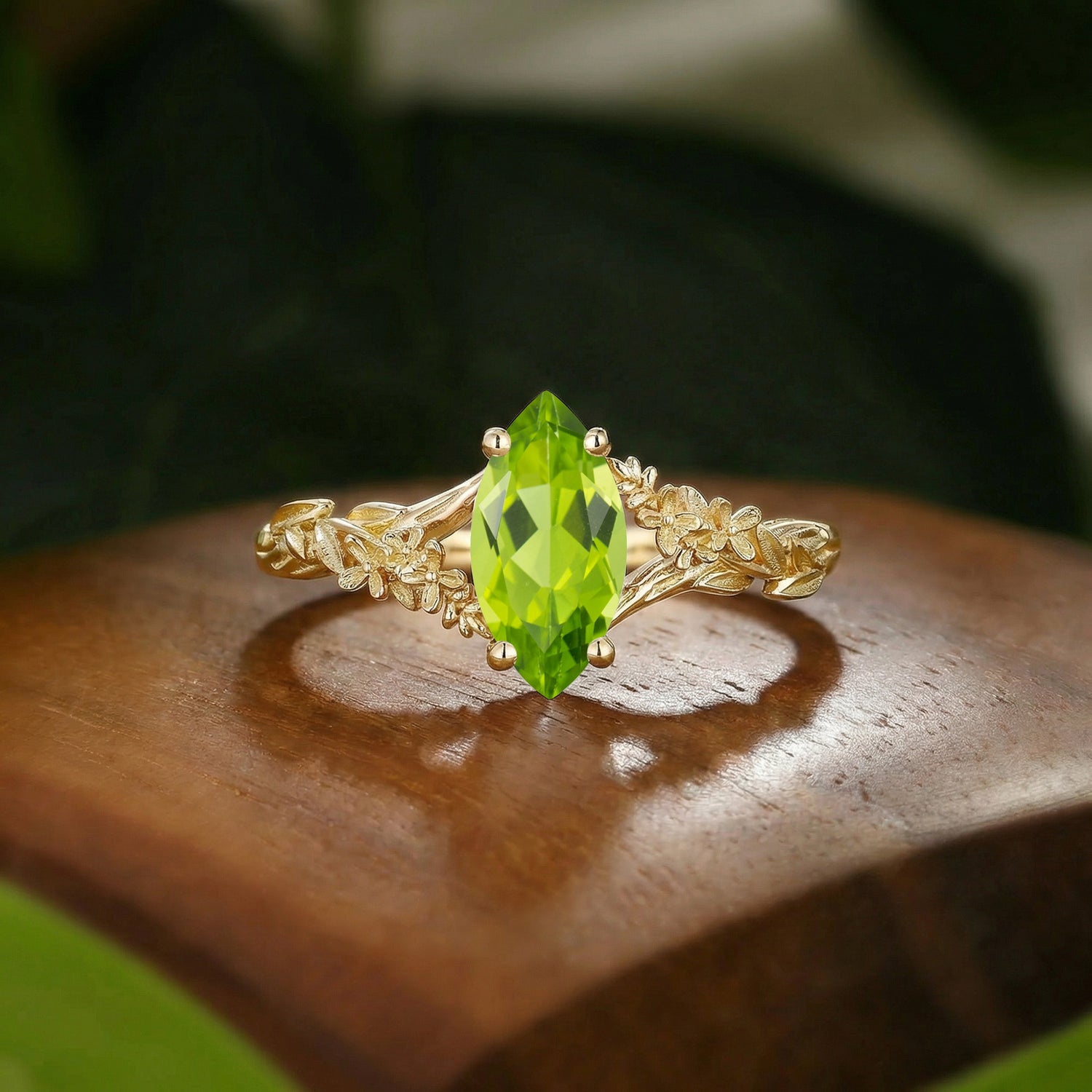 Flower Inspired Marquise Cut Peridot Leafy Engagement Ring - Eulalie