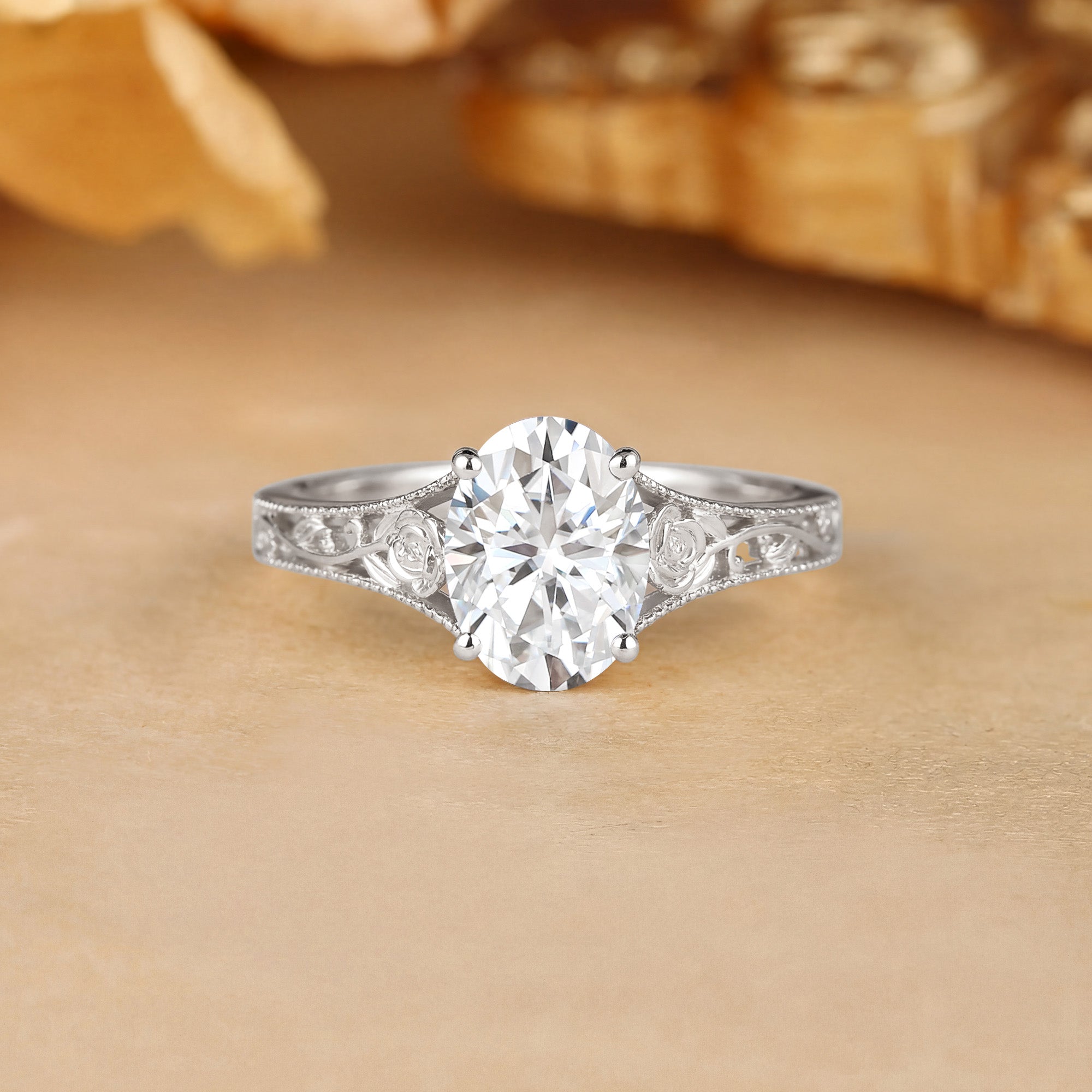 Art Deco Oval Cut Moissanite Rose Flower Engagement Ring - Rosalie