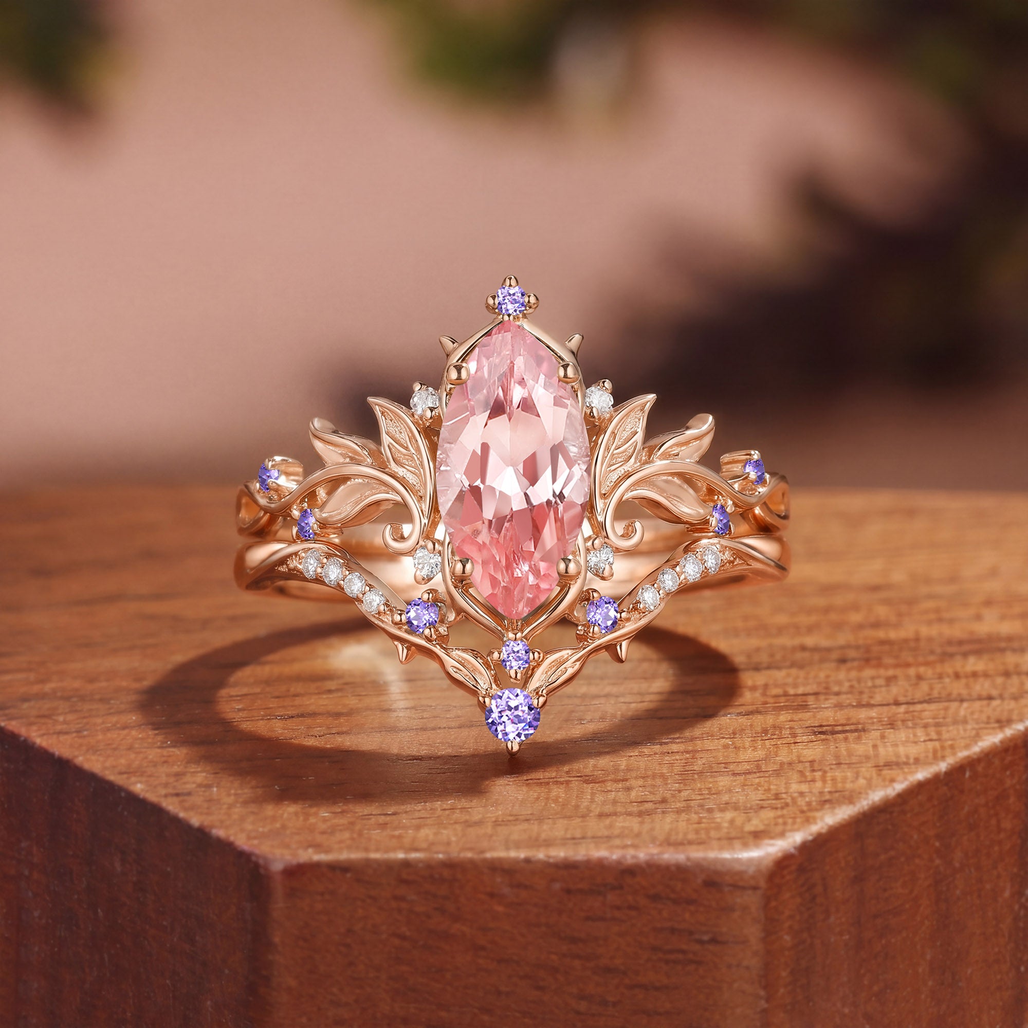 Forest Fairy Marquise Cut Pink Sapphire Leafy Inspired Engagement Ring Set 2pcs - Fae