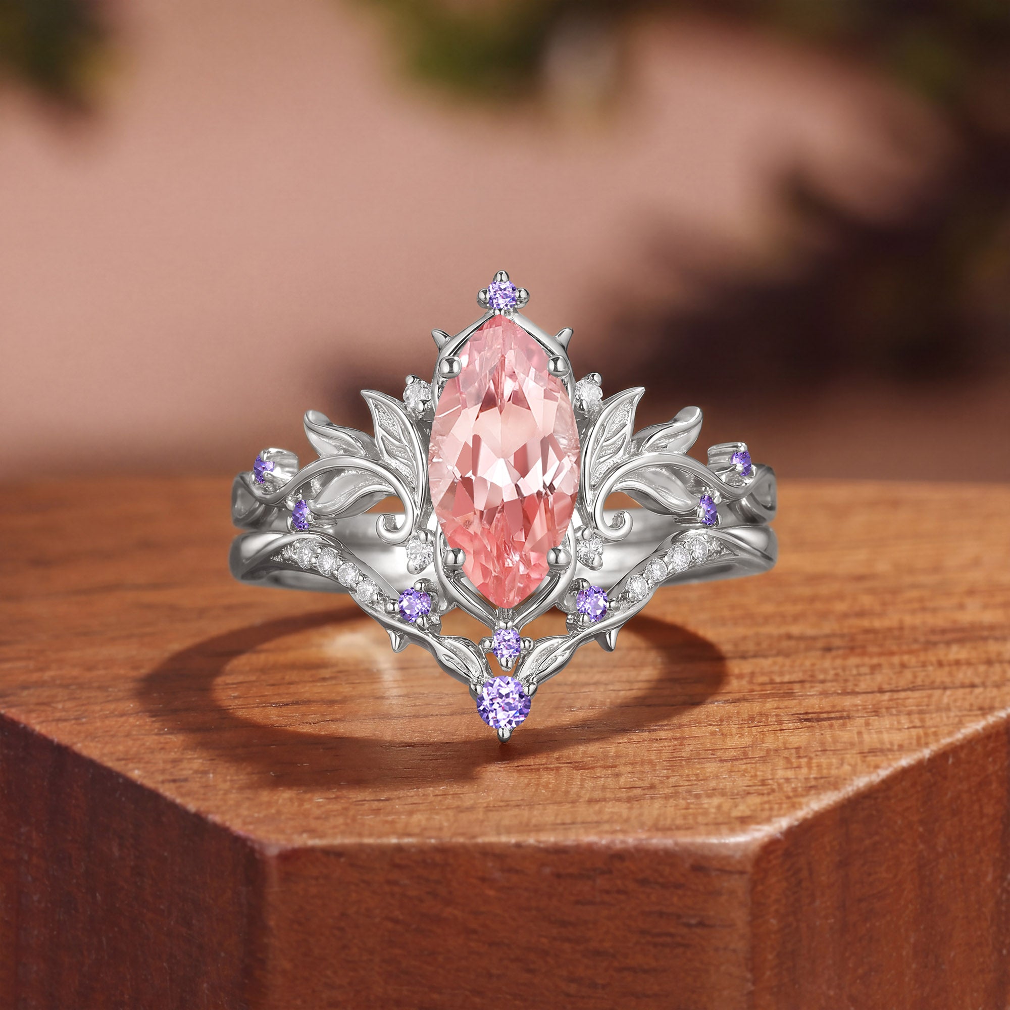 Forest Fairy Marquise Cut Pink Sapphire Leafy Inspired Engagement Ring Set 2pcs - Fawn