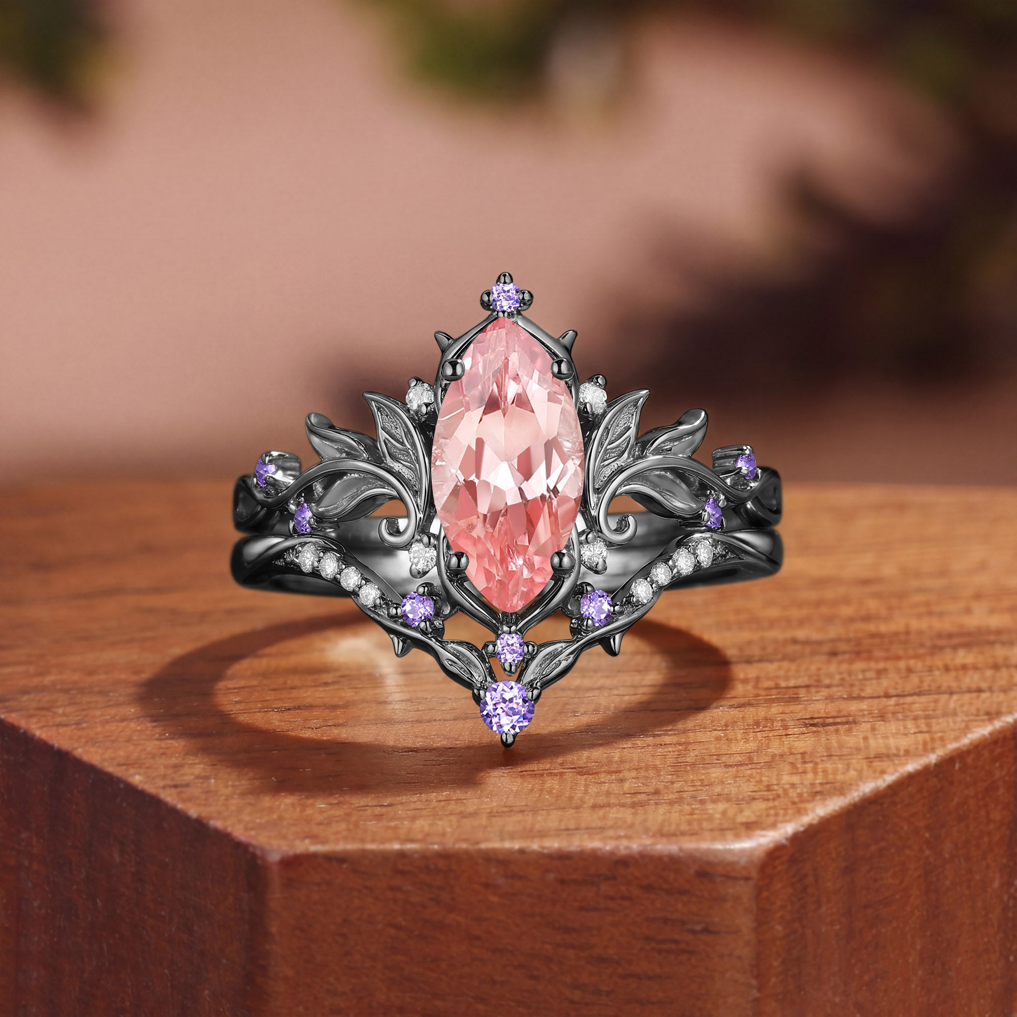 Forest Fairy Marquise Cut Pink Sapphire Leafy Inspired Engagement Ring Set 2pcs - Fae
