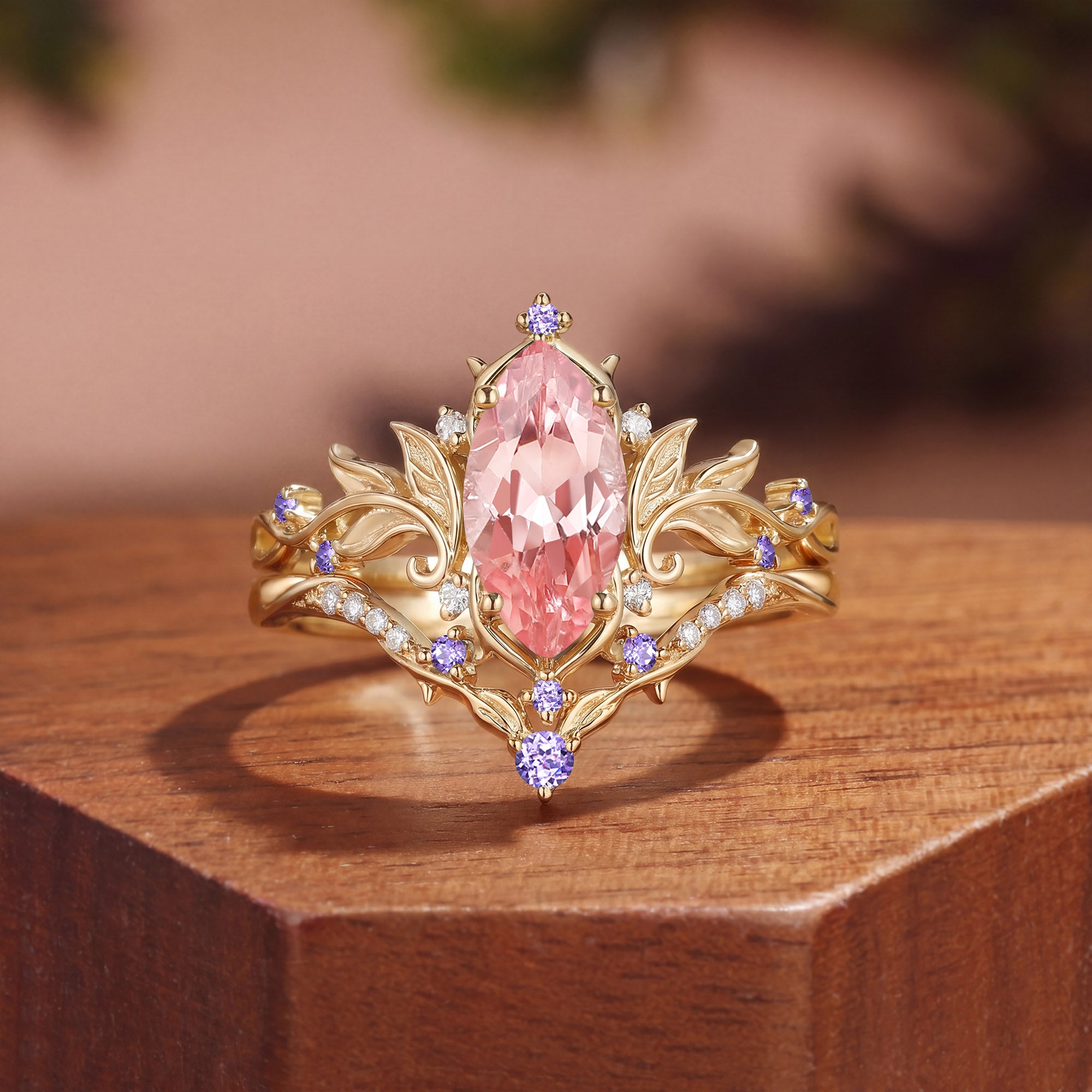 Forest Fairy Marquise Cut Pink Sapphire Leafy Inspired Engagement Ring Set 2pcs - Fawn