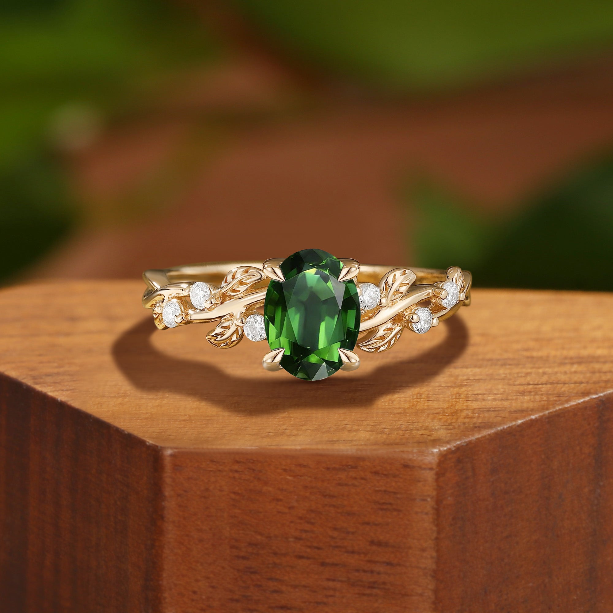 Oval Cut Green Tourmaline Gold Nature Leaf Engagement Ring - Clarissa
