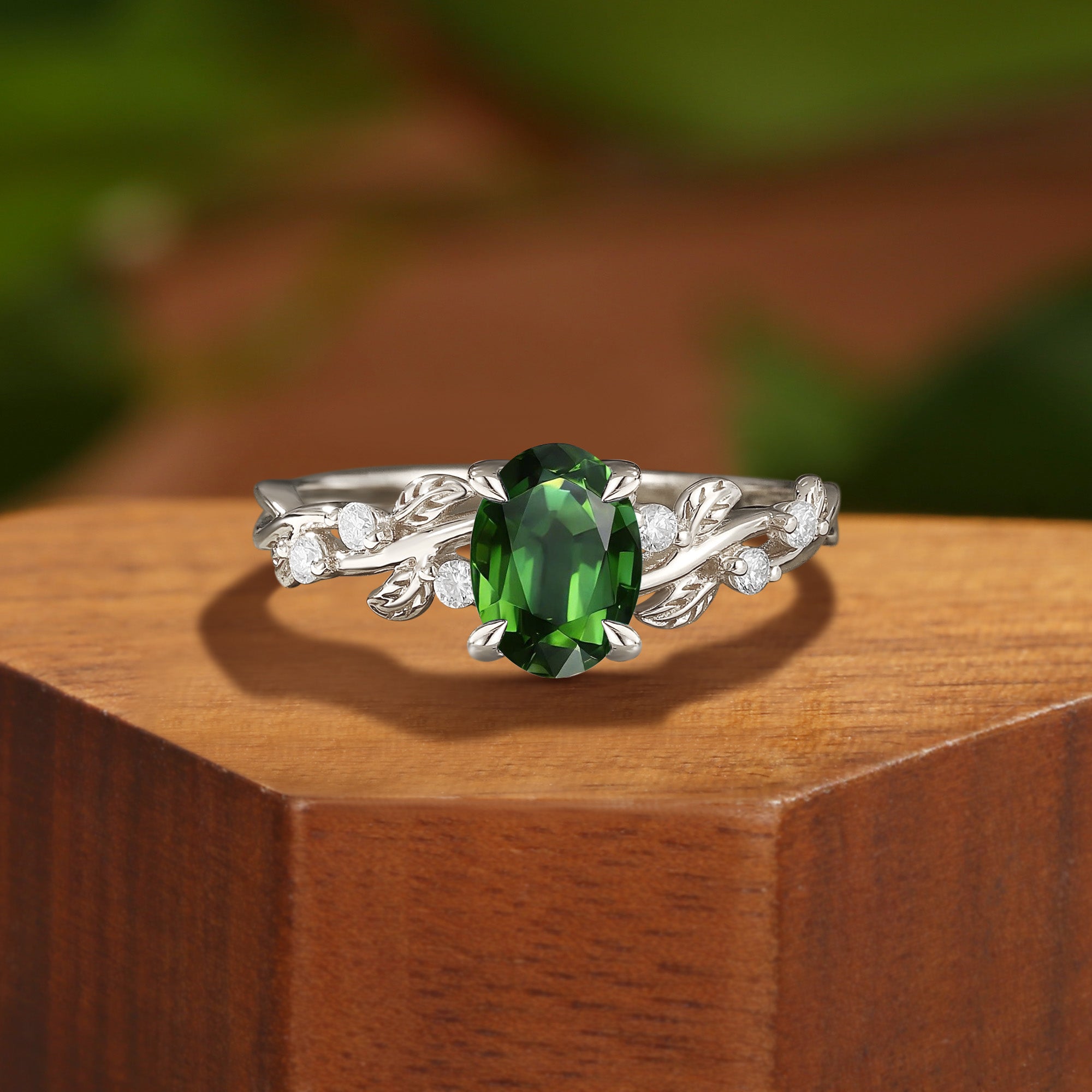Oval Cut Green Tourmaline Gold Nature Leaf Engagement Ring - Clarissa
