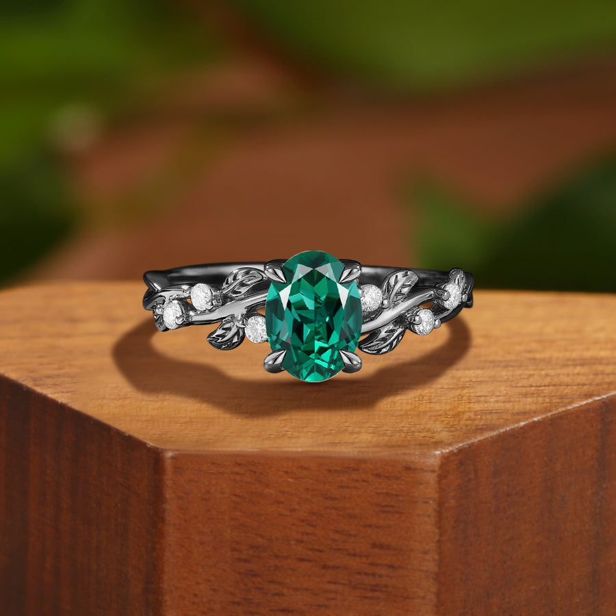 Oval Cut Lab Emerald Gold Nature Leaf Engagement Ring