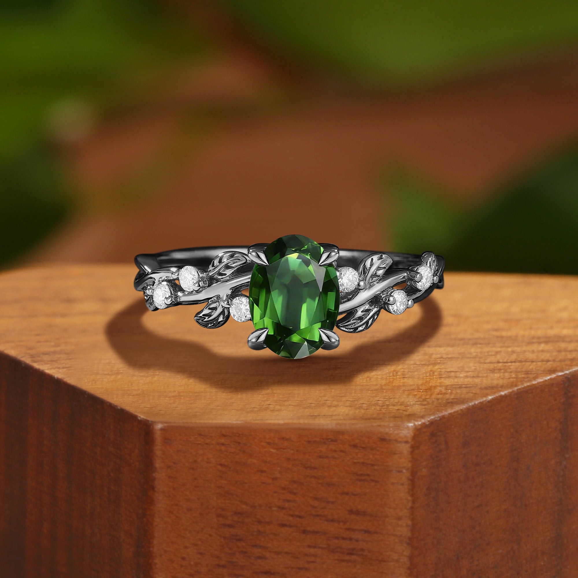 Oval Cut Green Tourmaline Gold Nature Leaf Engagement Ring - Clarissa