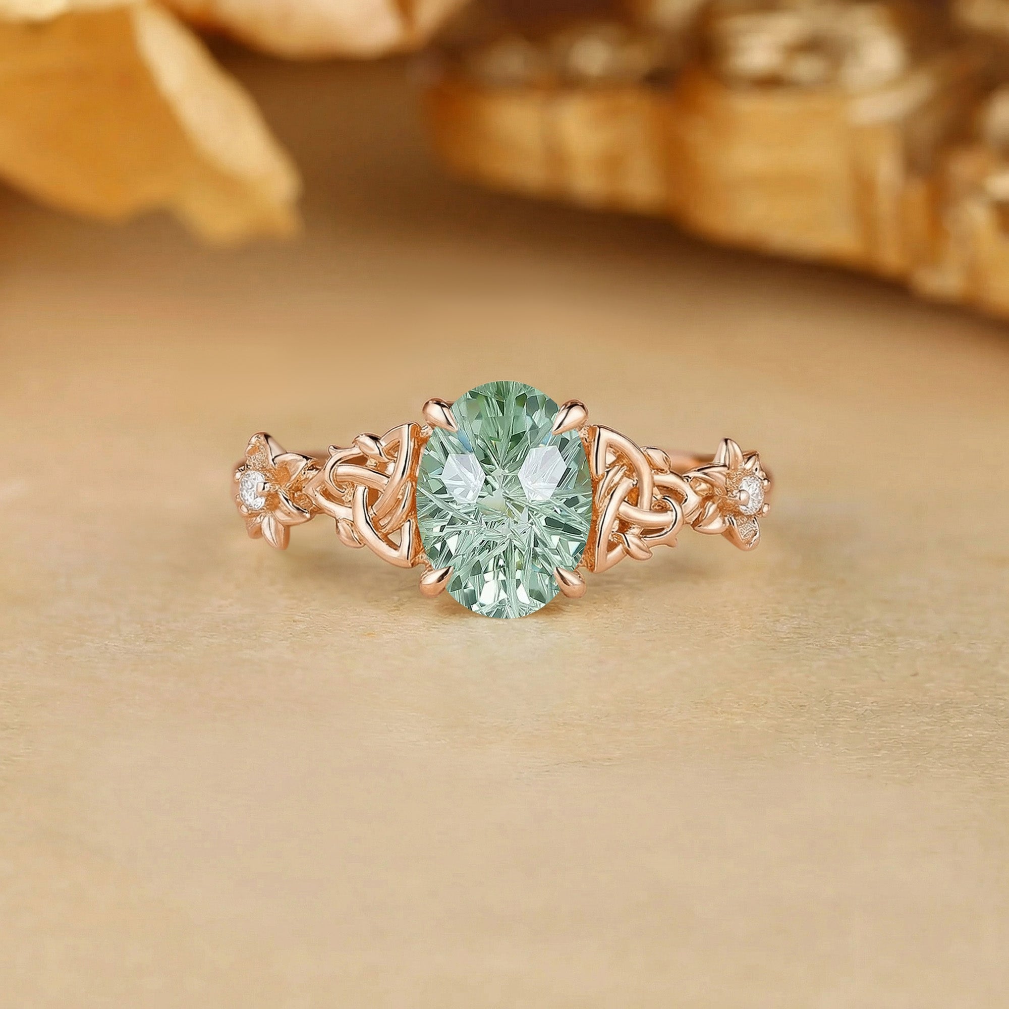 Firework Oval Cut Green Sapphire Celtic Knot Flower Engagement Ring - Florentine