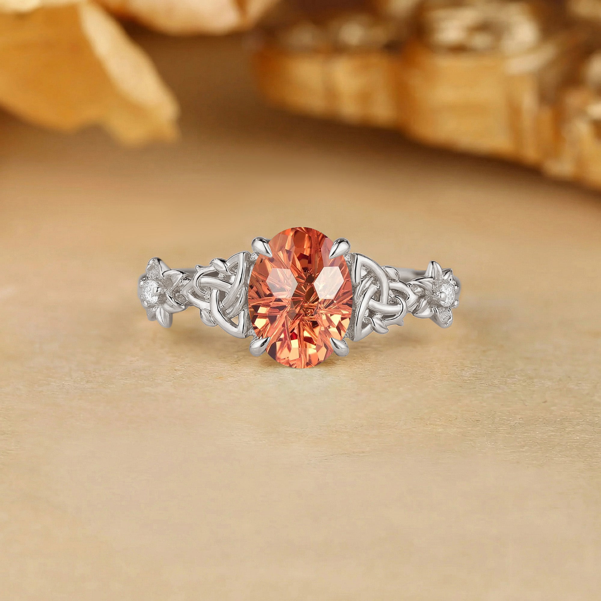 Firework Oval Cut Orange Sapphire Celtic Knot Flower Engagement Ring - Florentine