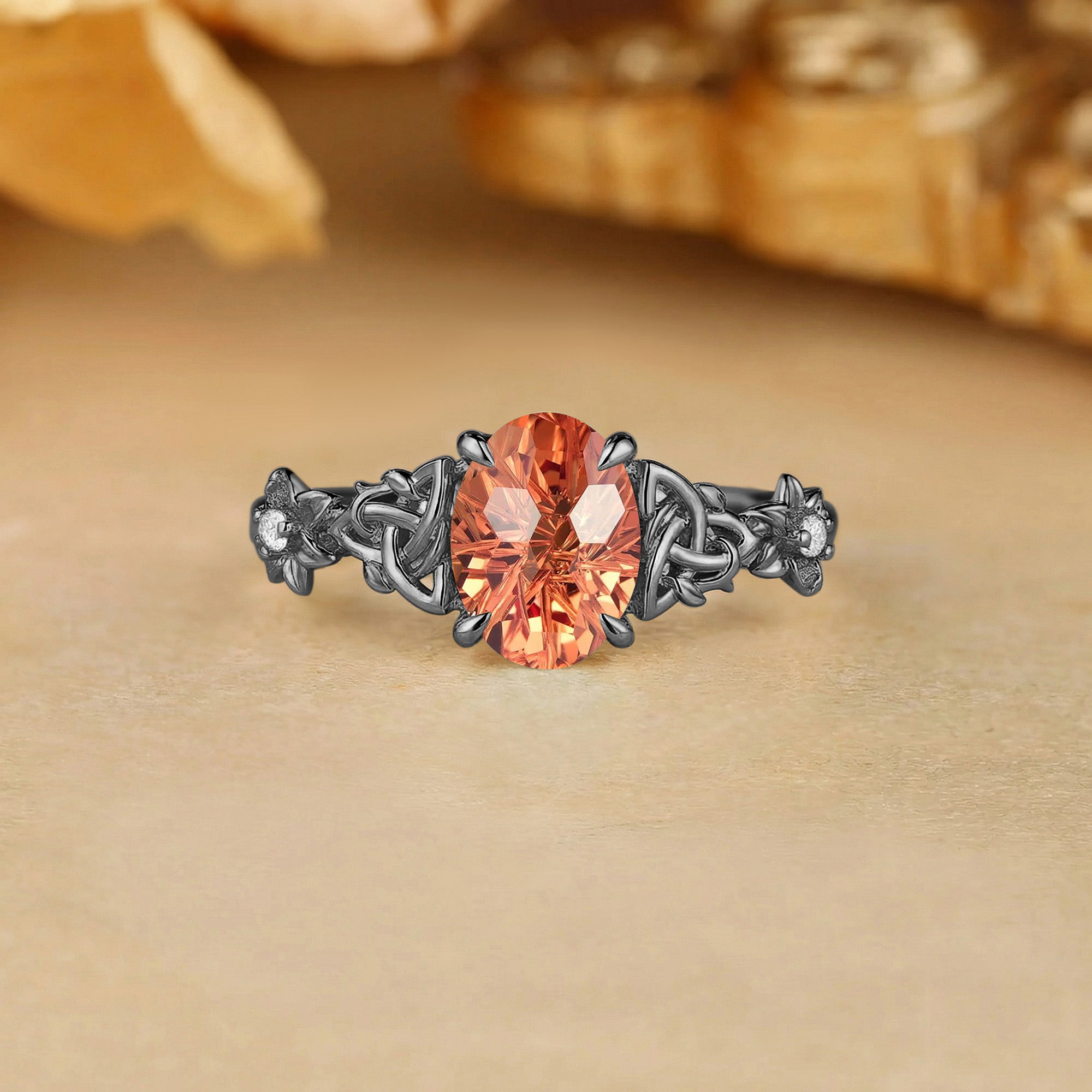 Firework Oval Cut Orange Sapphire Celtic Knot Flower Engagement Ring - Florentine