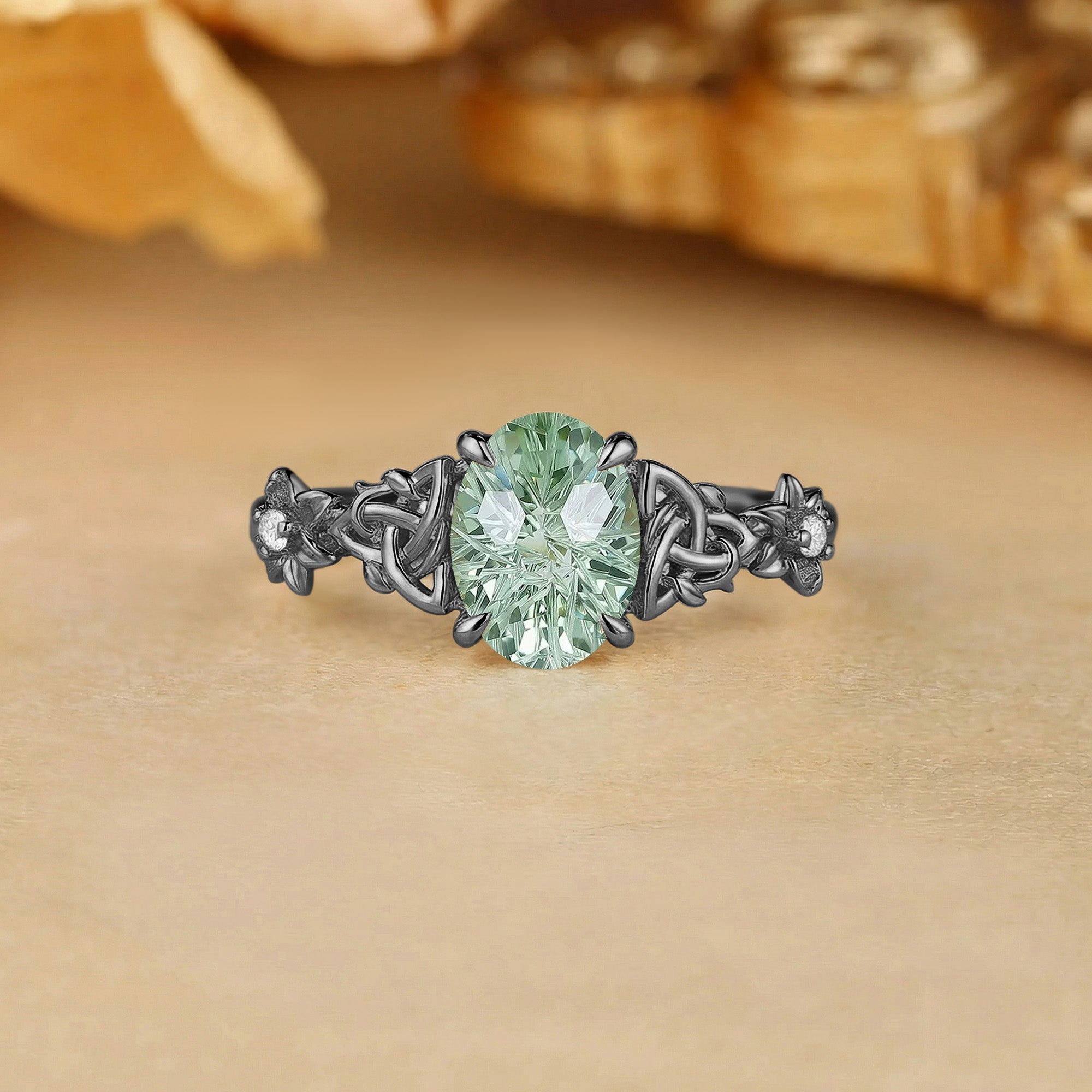 Firework Oval Cut Green Sapphire Celtic Knot Flower Engagement Ring - Florentine