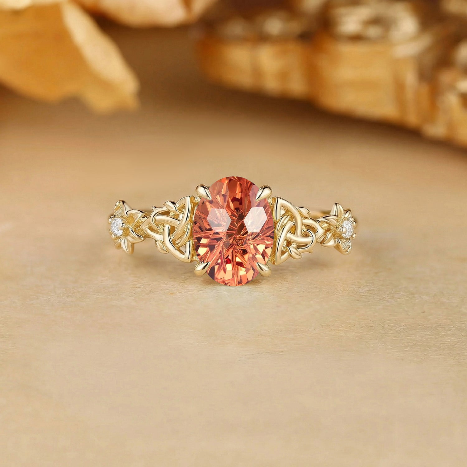 Firework Oval Cut Orange Sapphire Celtic Knot Flower Engagement Ring - Florentine
