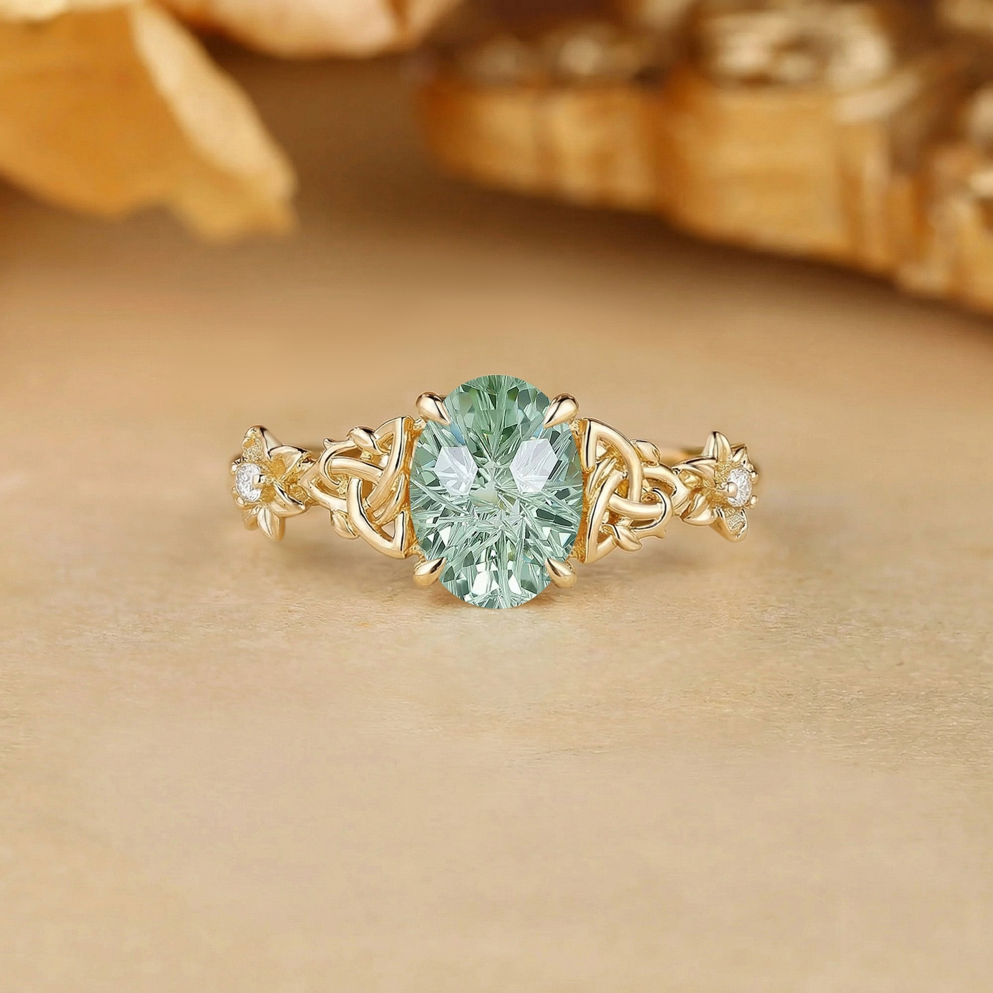 Firework Oval Cut Green Sapphire Celtic Knot Flower Engagement Ring - Florentine