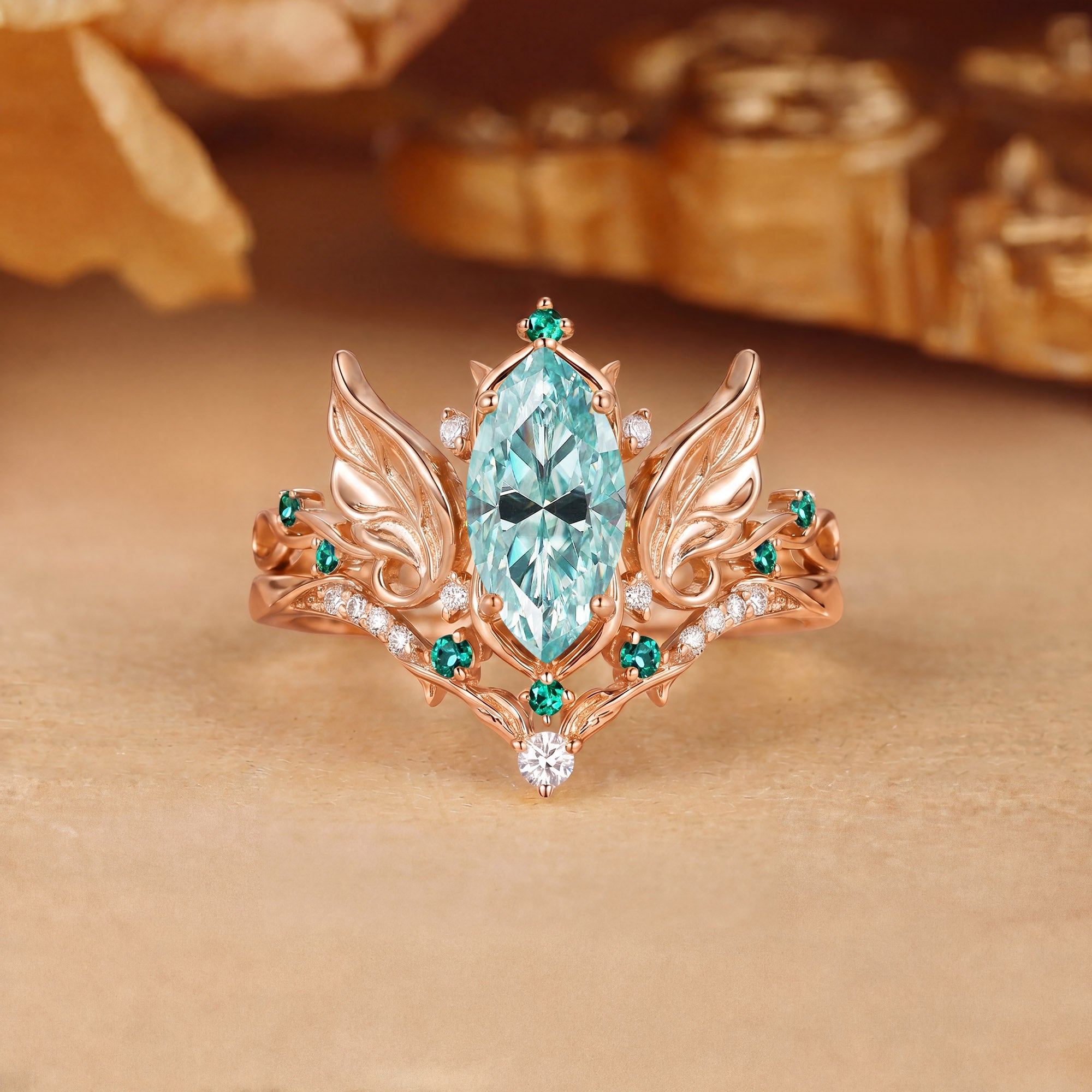 Forest Fairy Marquise Cut Green Moissanite Leafy Fly Engagement Ring Set 2pcs - Fawn