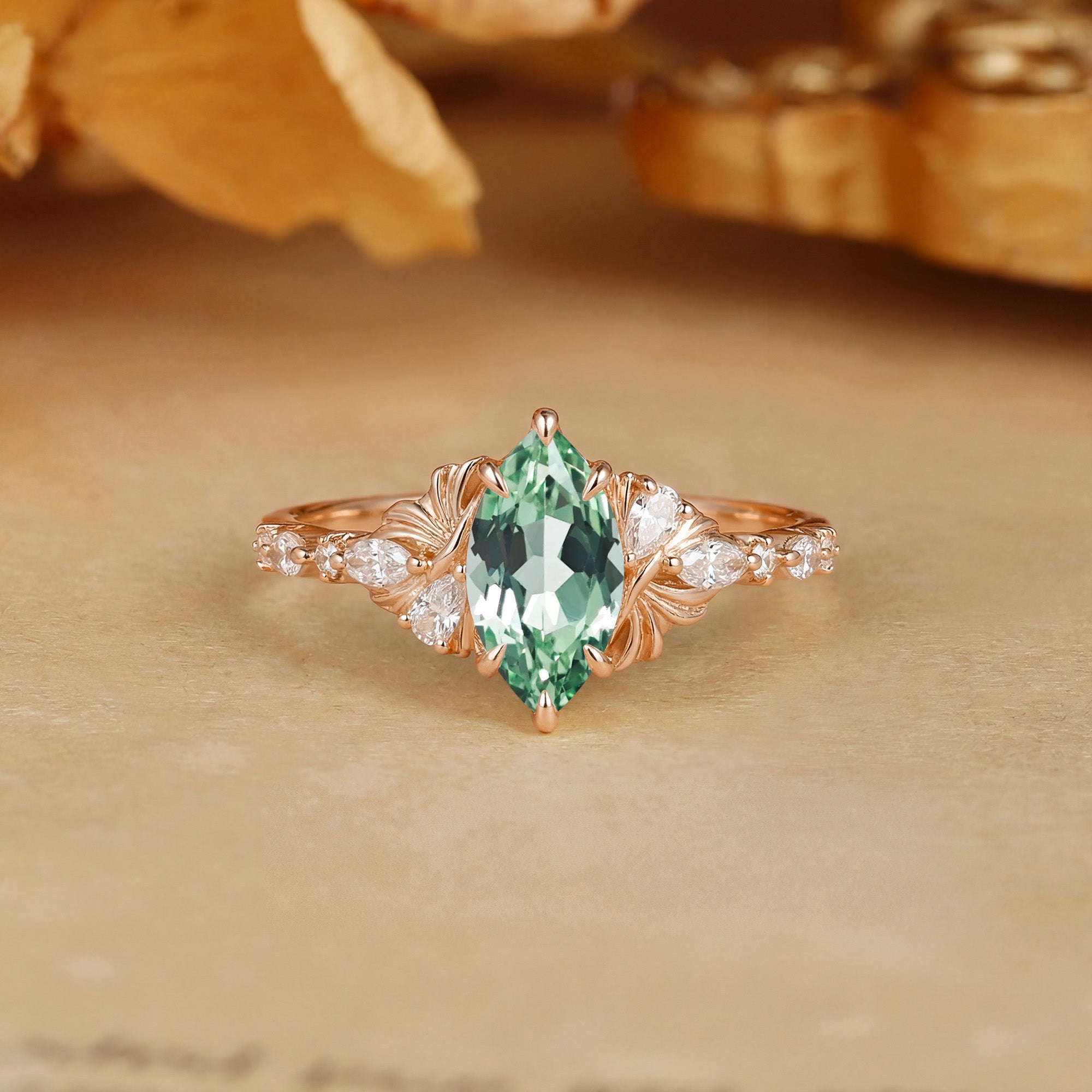 Unique Marquise Cut Green Sapphire Ginkgo Leaf Engagement Ring - Lyric