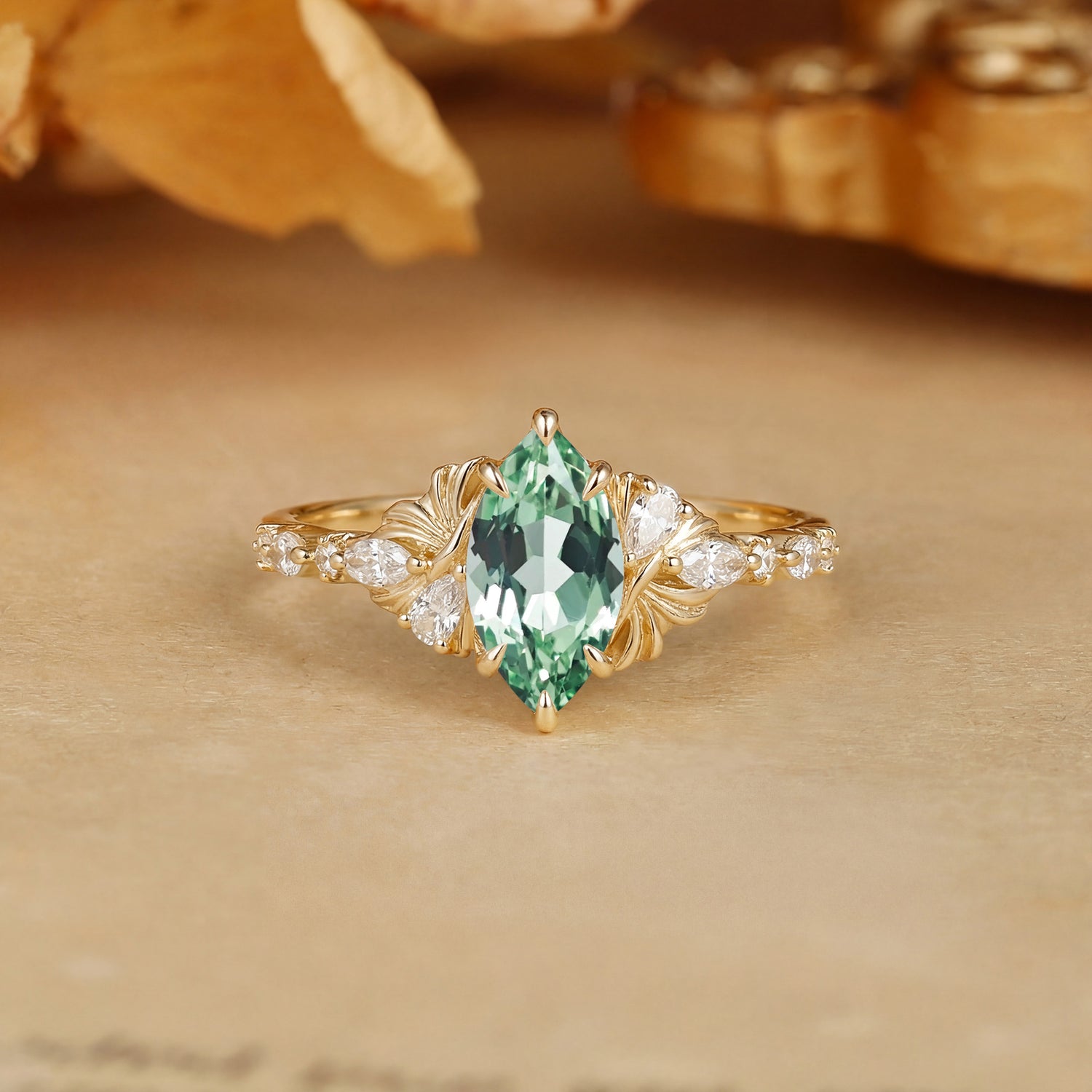 Unique Marquise Cut Green Sapphire Ginkgo Leaf Engagement Ring - Lyric