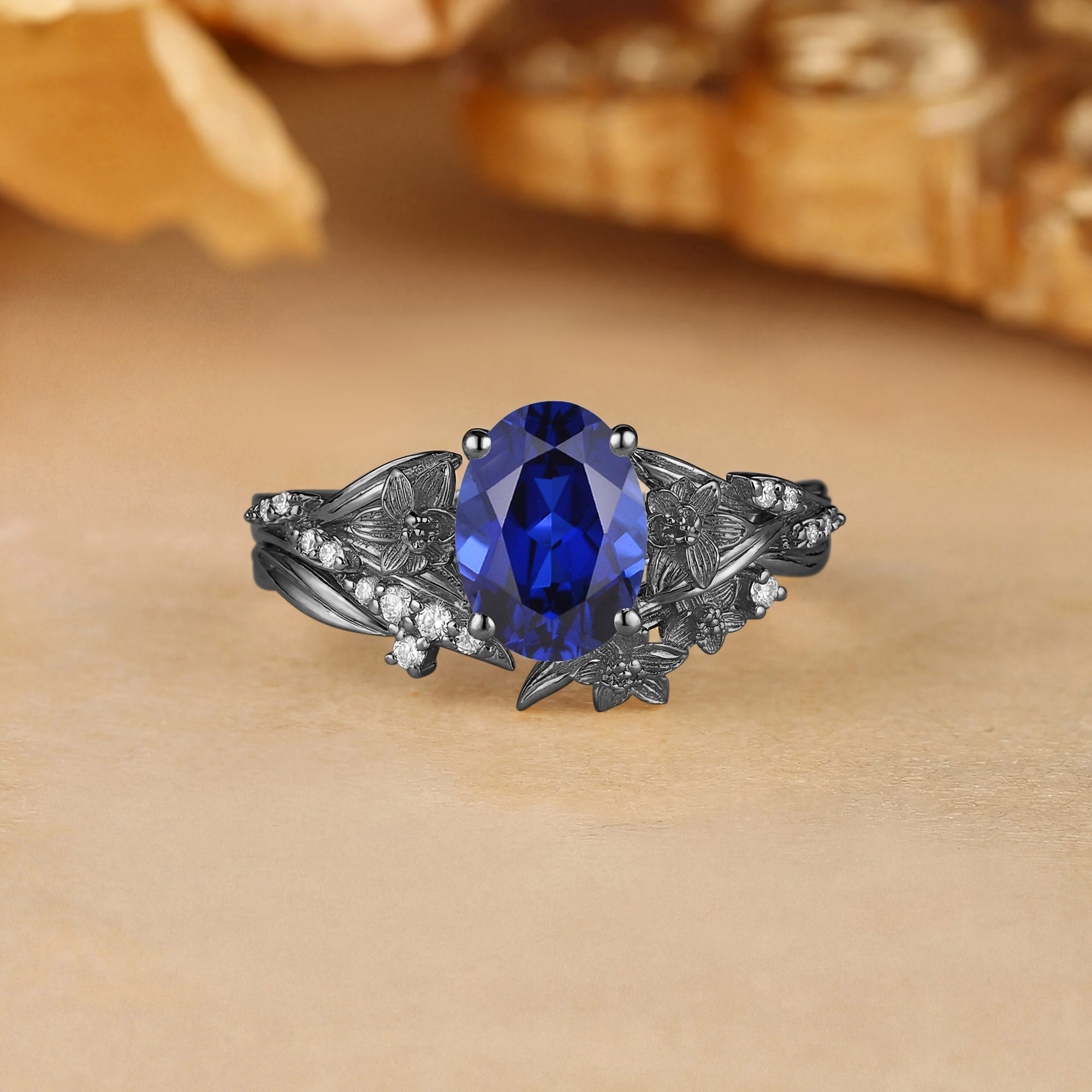 Floral Oval Cut Blue Sapphire Flower Twist Engagement Ring Set 2pcs - Lilac