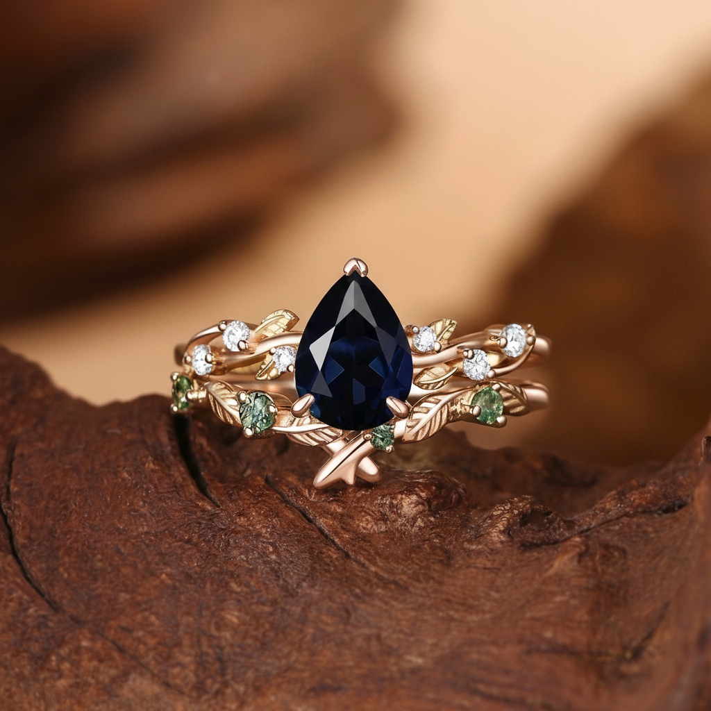 Black Sapphire Pear Cut Leaves Inspired Bridal Set 2pcs - Clarissa