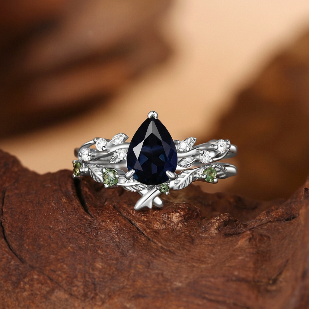 Black Sapphire Pear Cut Leaves Inspired Bridal Set 2pcs - Clarissa