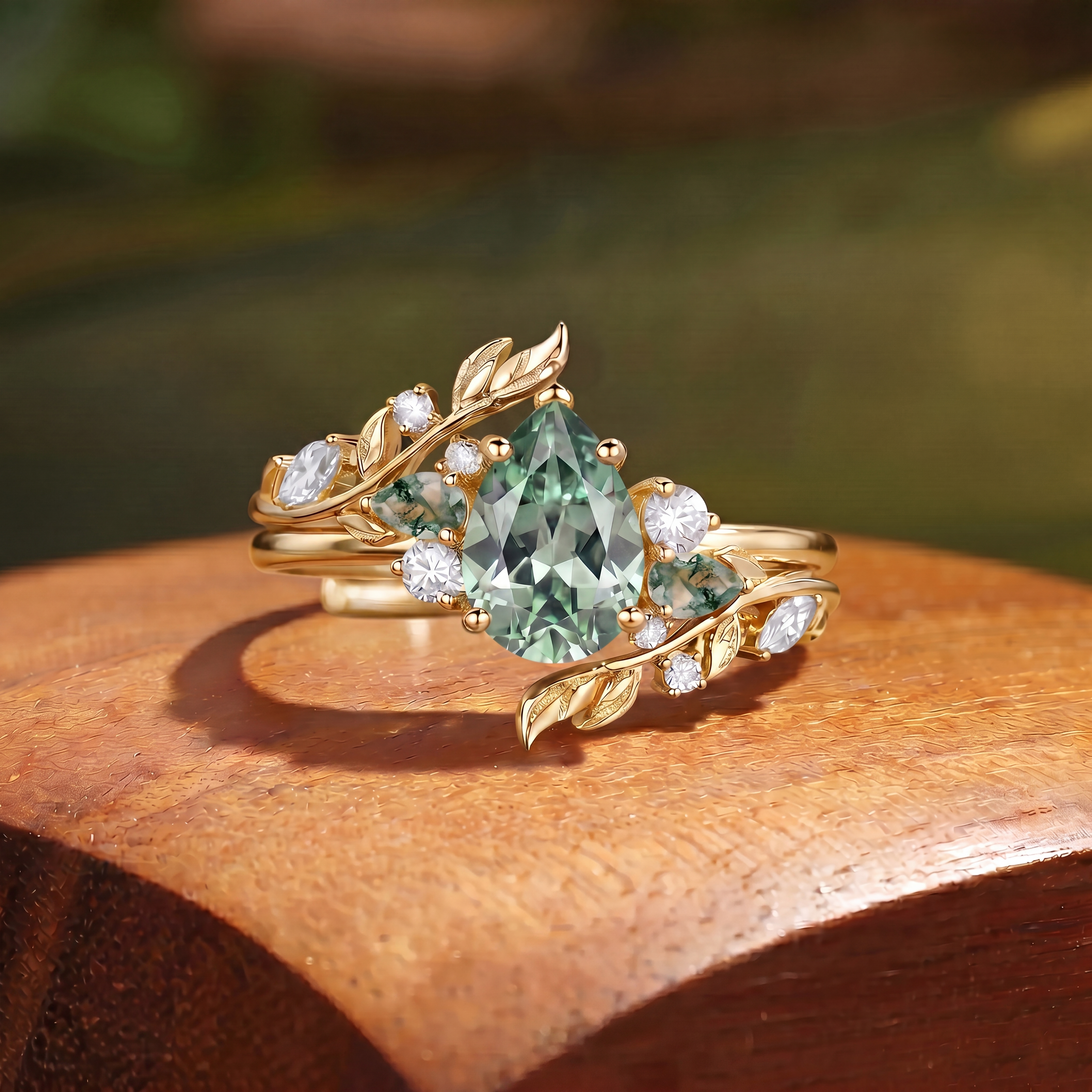 Pear Cut Lab Green Sapphire Vine Leaf Bridal Set 2PCS - Abrielle