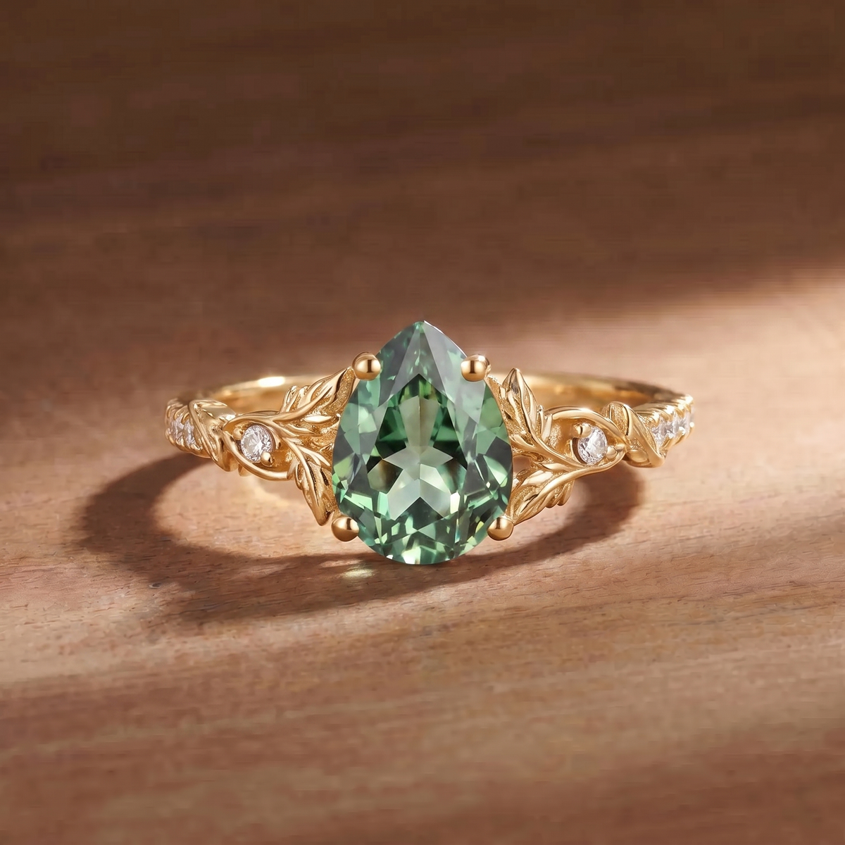 Pear Cut Lab Green Sapphire Twisted Leaf Vine Engagement Ring - Greenly