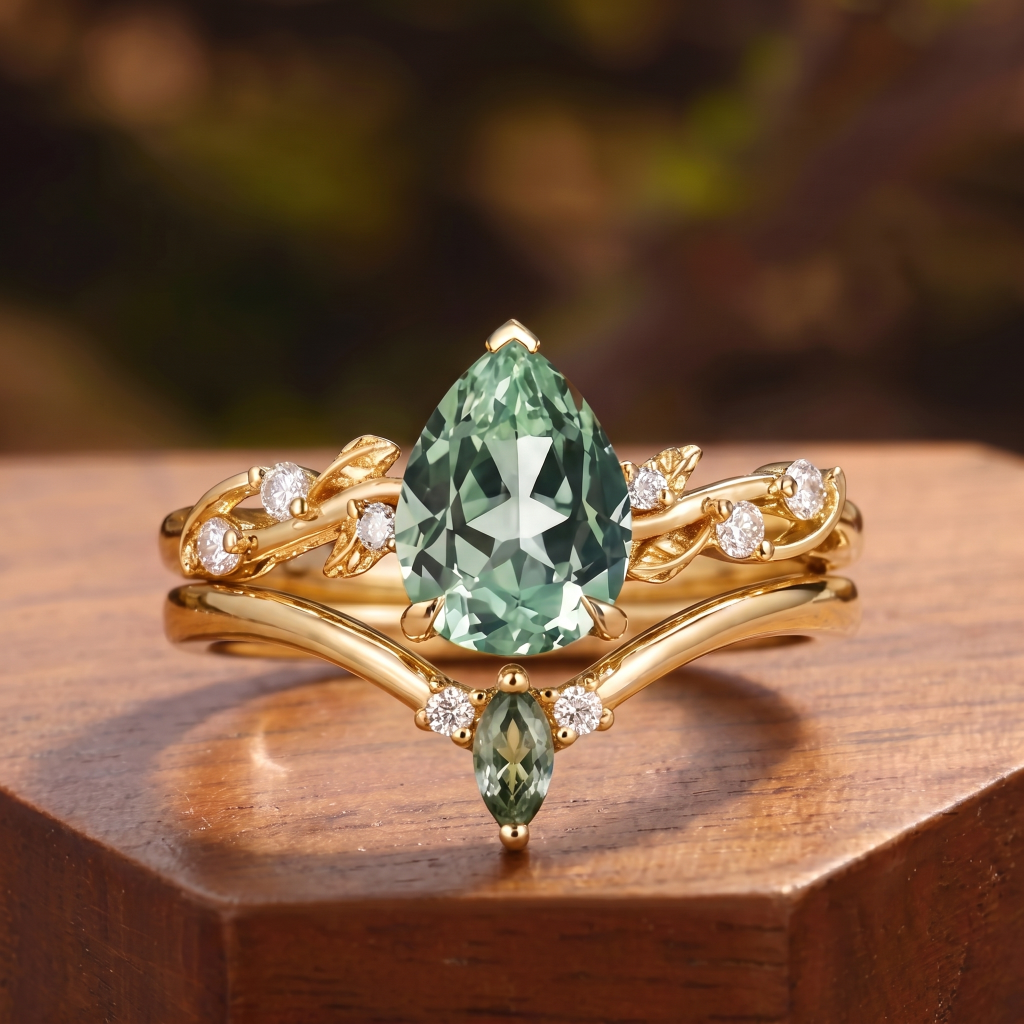 Pear Cut Lab Green Sapphire Twisted Vine Leaf Bridal Set 2pcs - Seren