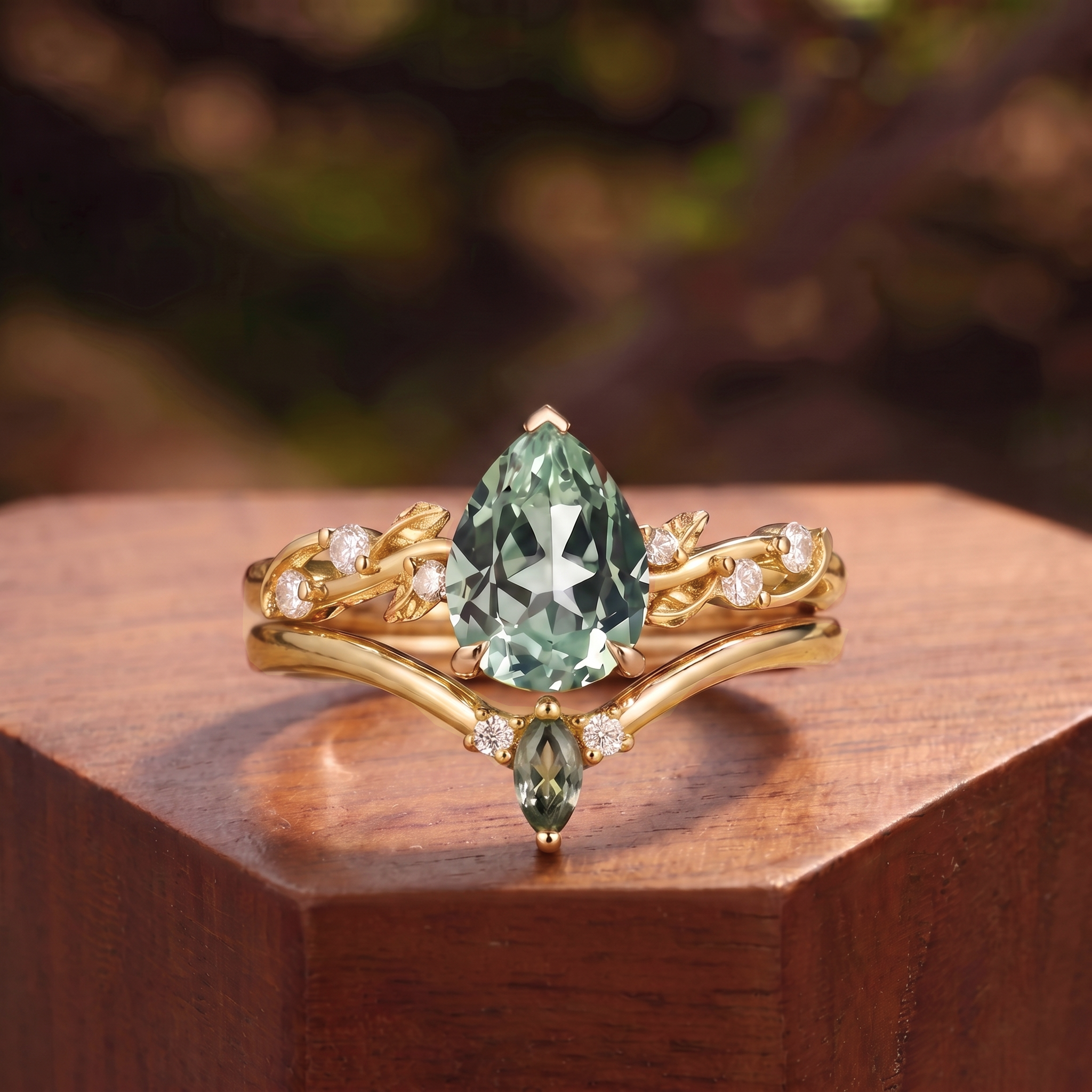 Pear Cut Lab Green Sapphire Twisted Vine Leaf Bridal Set 2pcs - Seren