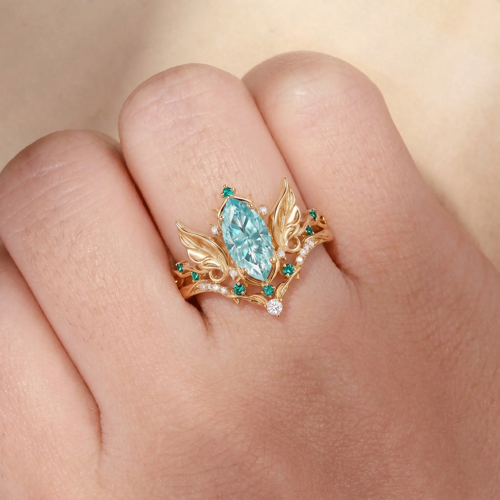 Forest Fairy Marquise Cut Green Moissanite Leafy Fly Engagement Ring Set 2pcs - Fawn
