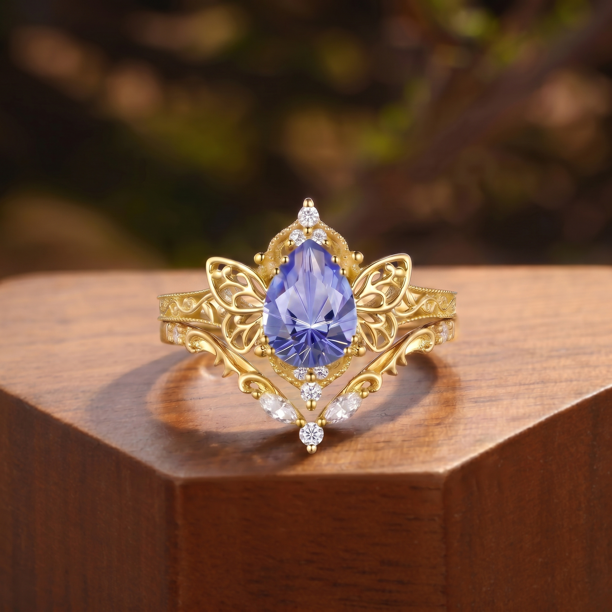 Butterfly Pear Cut Tanzanite Filigree Bridal Set 2PCS - Aurore