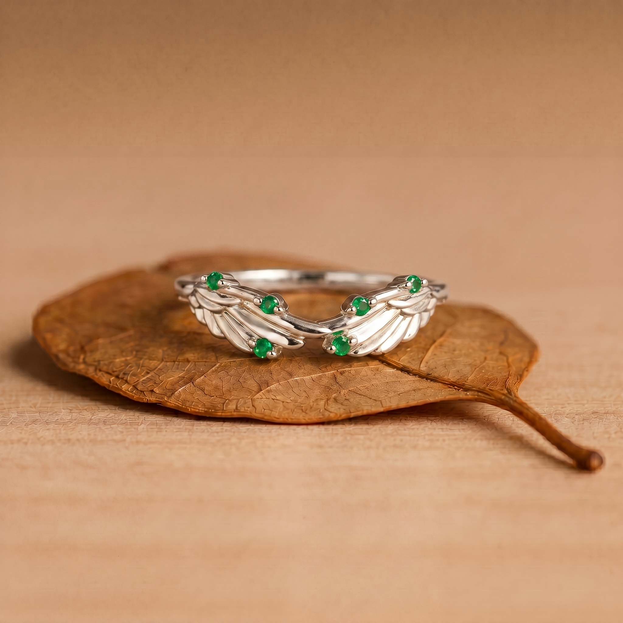 Fairy Wing Round Emerald Curved Stacking Wedding Band - Francine