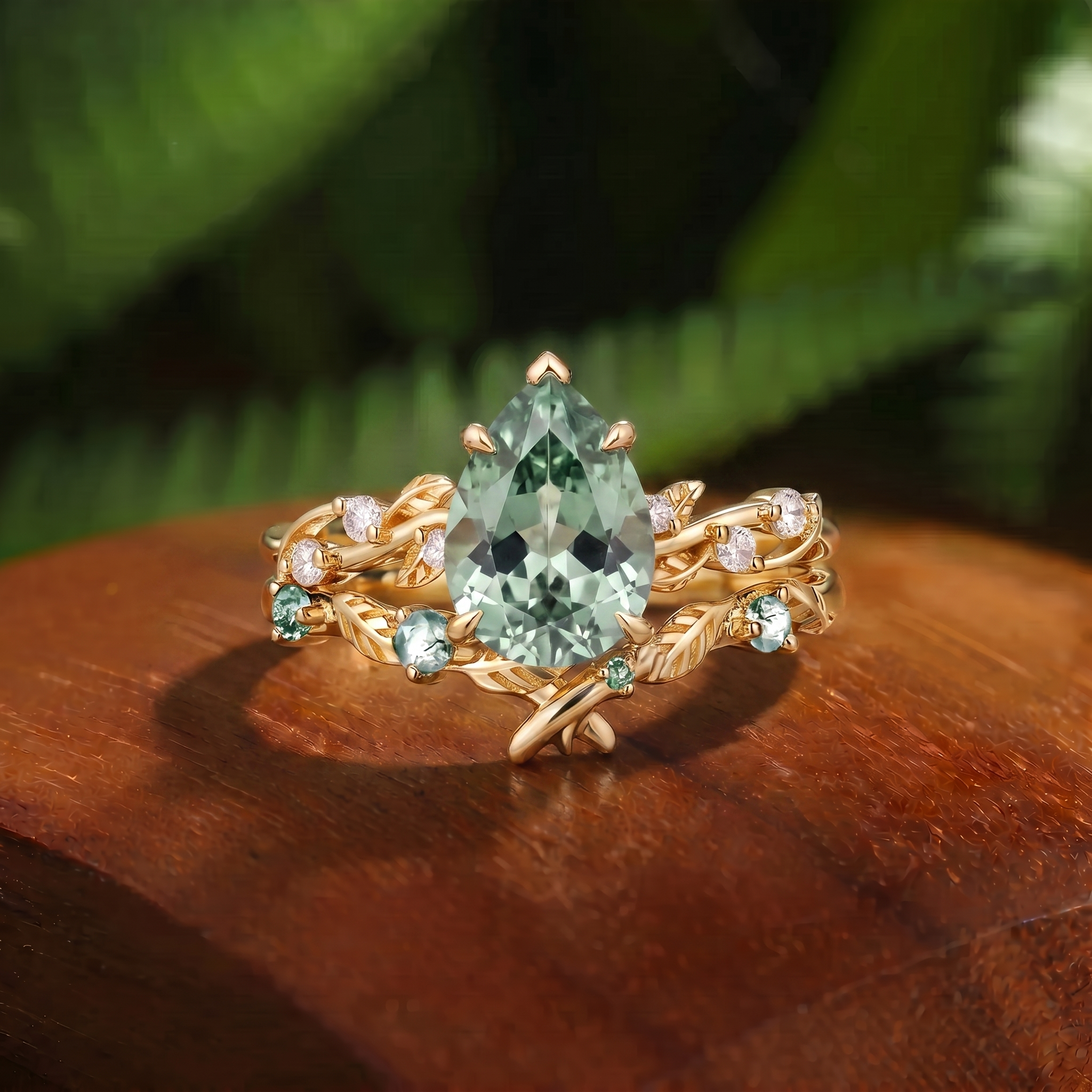 Pear Cut Lab Green Sapphire Leaf Engagement Ring - Clarissa