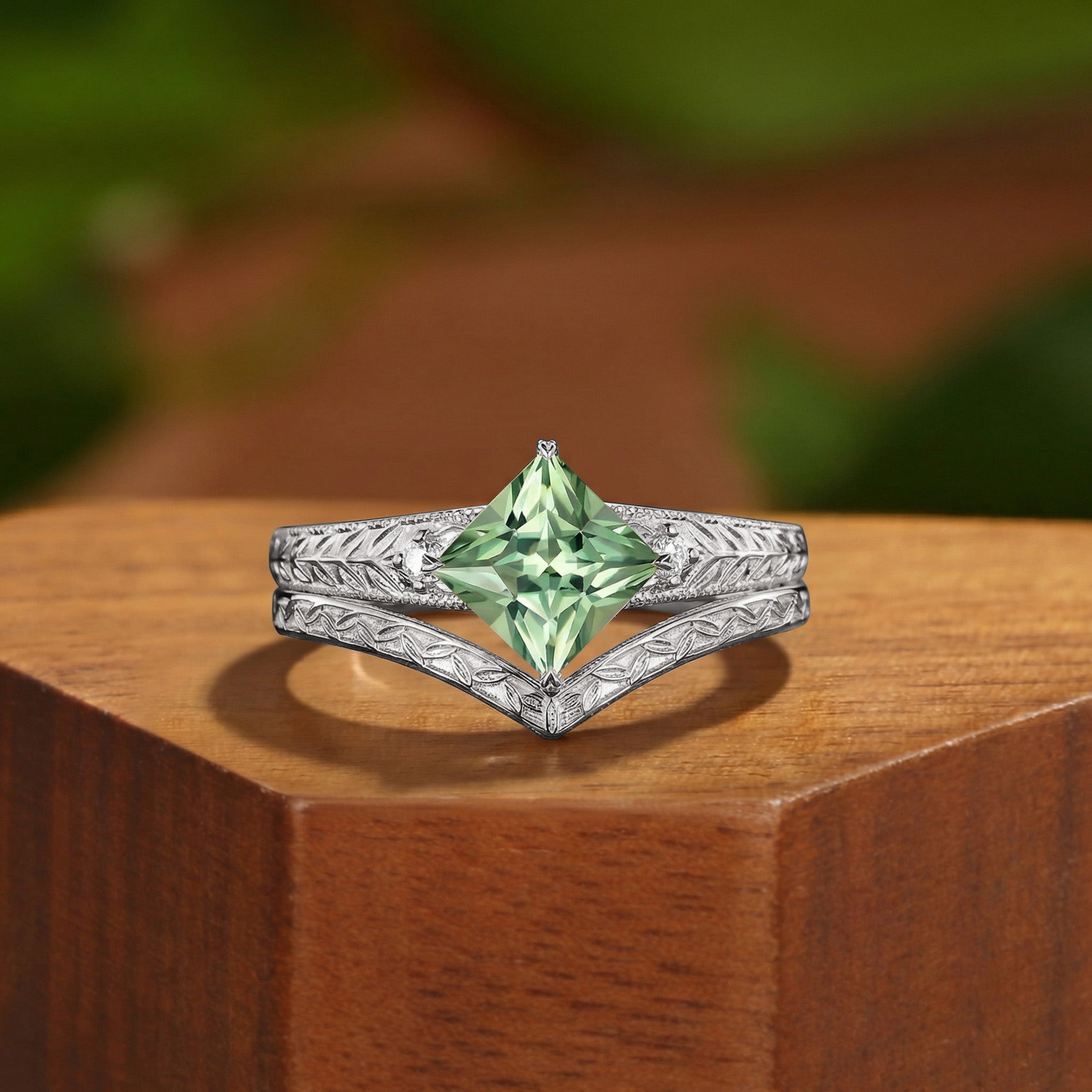 Princess Cut Lab Green Sapphire Engraved Leafy Engagement Ring Set 2pcs - Glenna
