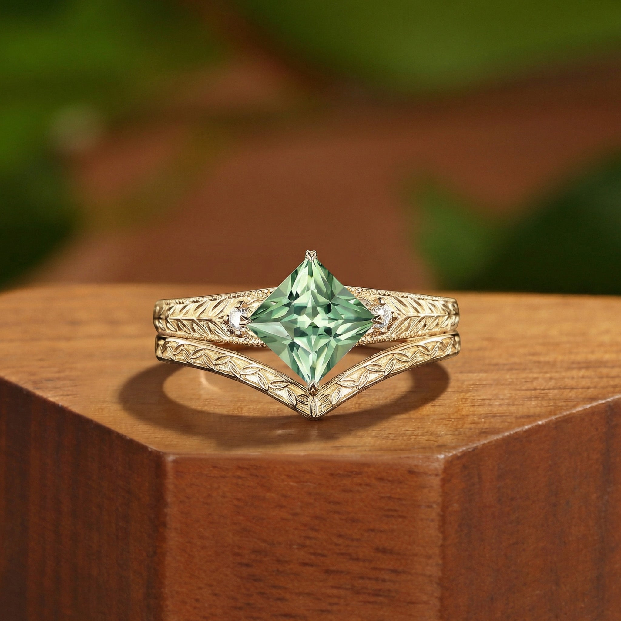 Princess Cut Lab Green Sapphire Engraved Leafy Engagement Ring Set 2pcs - Glenna