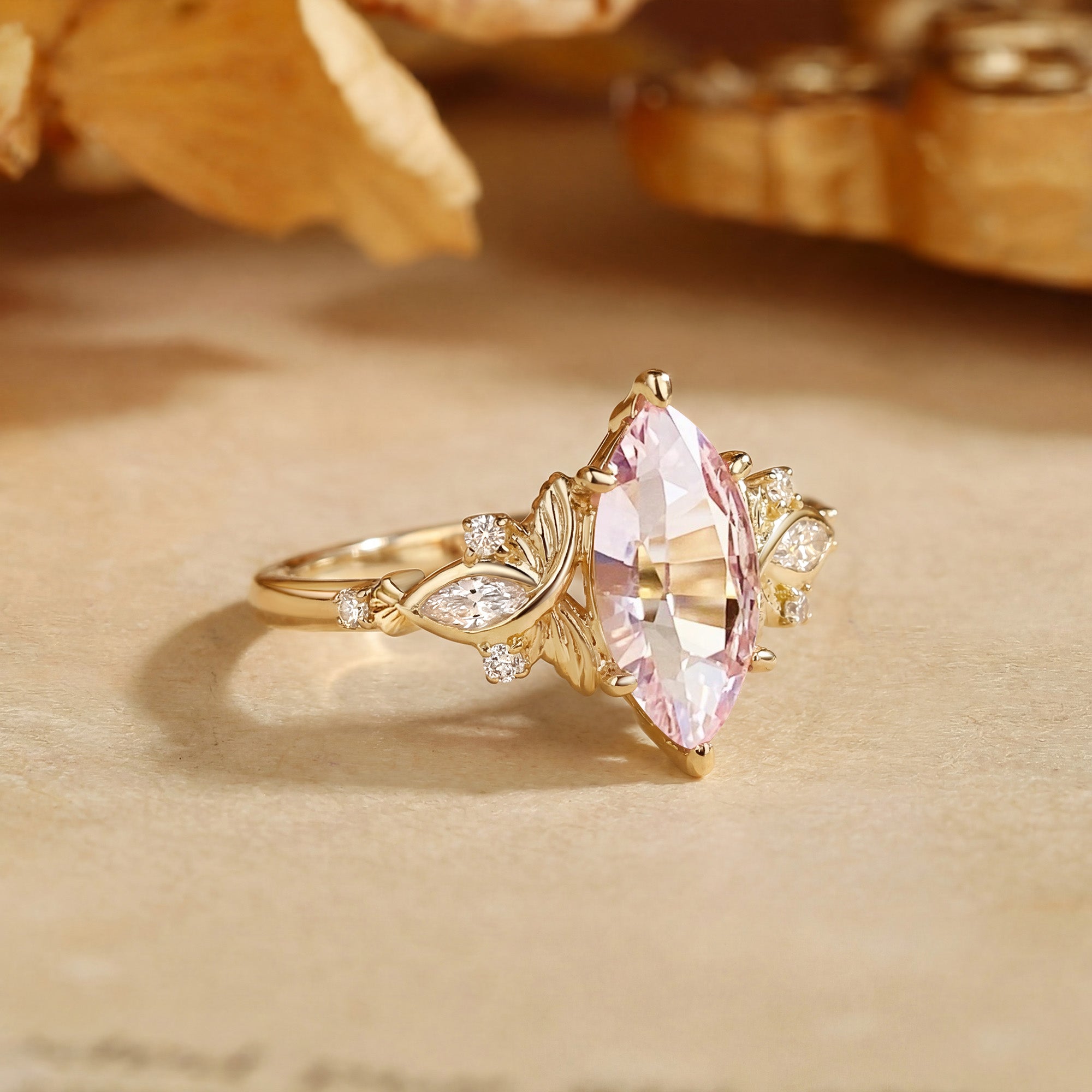 Forest Fariy Marquise Cut Pink Sapphire Leafy Engagement Ring - Letitia