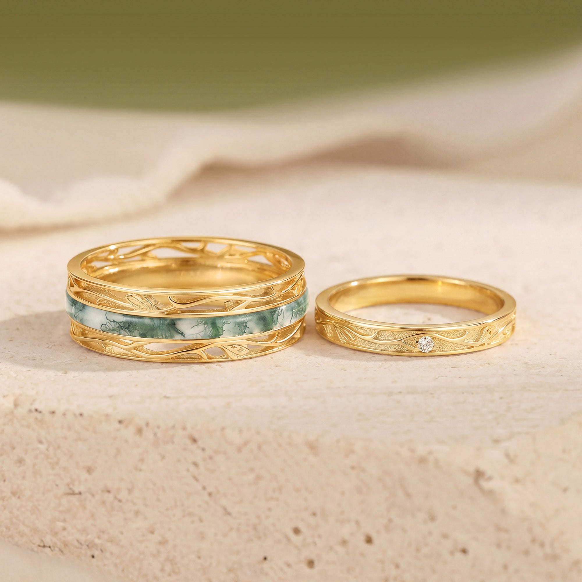 Moss Agate Inlay Engraved Anniversary Promise Couple Rings