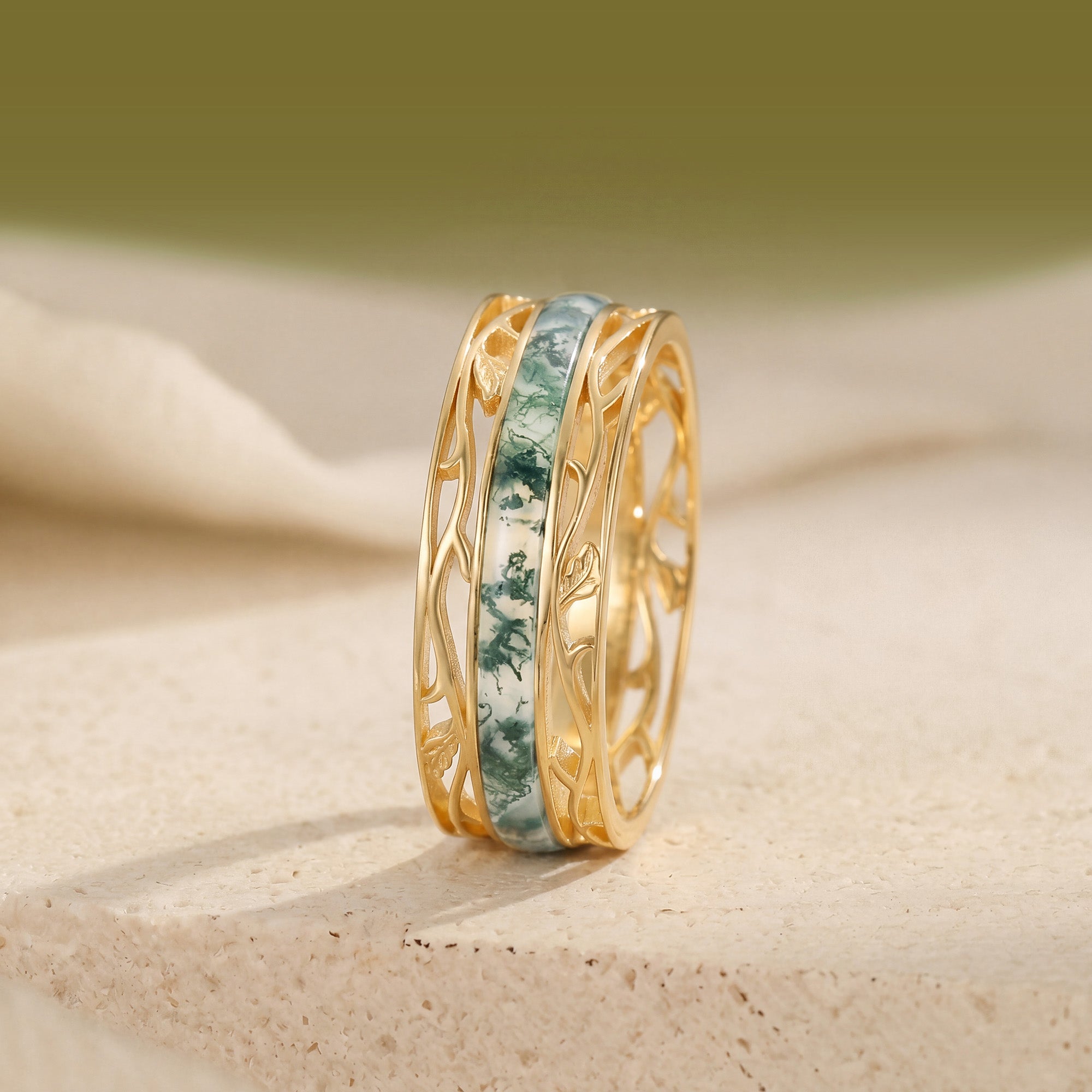 7MM Moss Agate Leaf Vine Branch Men‘s Ring