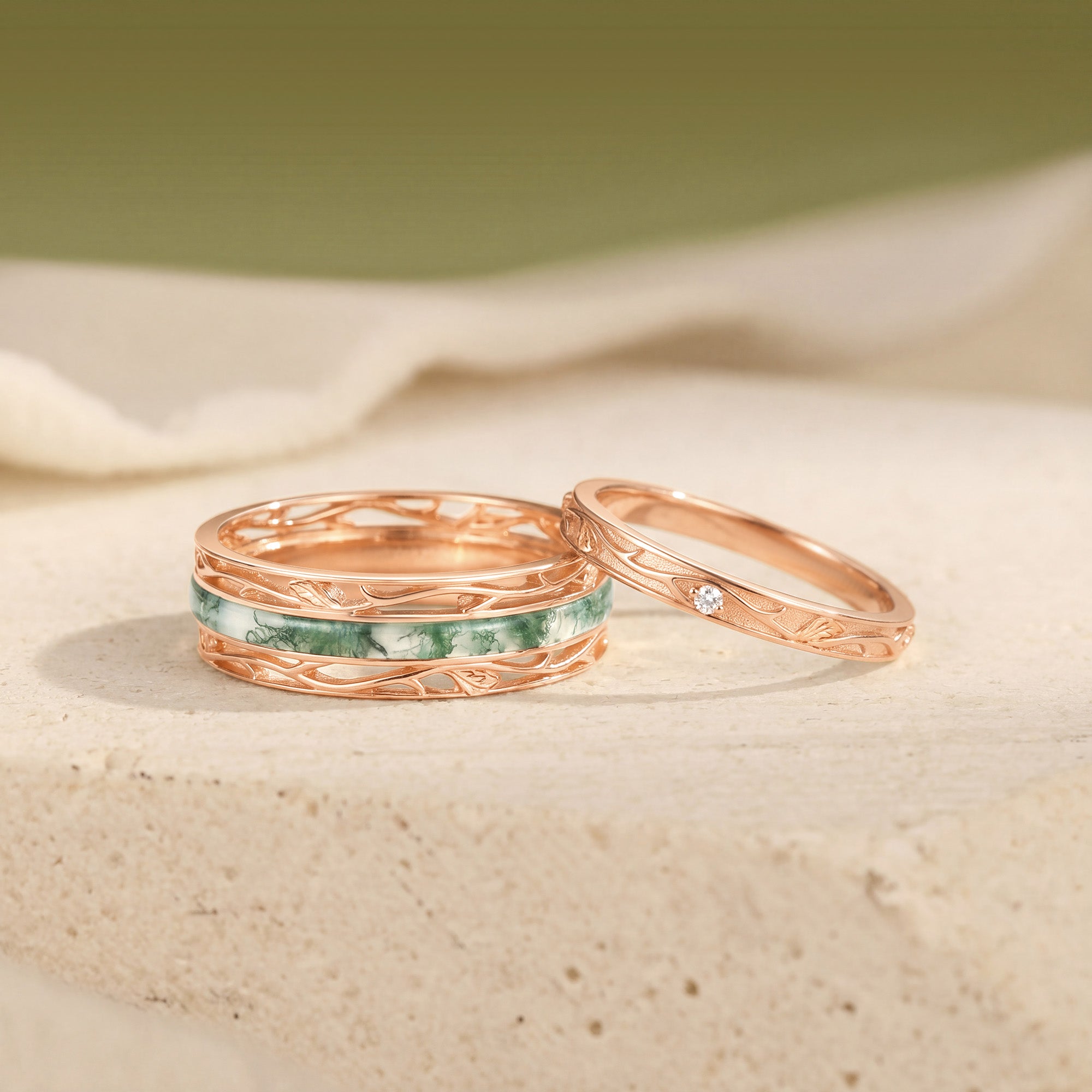 Moss Agate Inlay Engraved Anniversary Promise Couple Rings