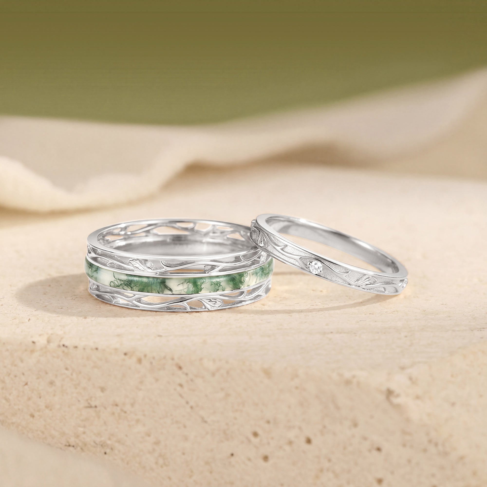 Moss Agate Inlay Engraved Anniversary Promise Couple Rings