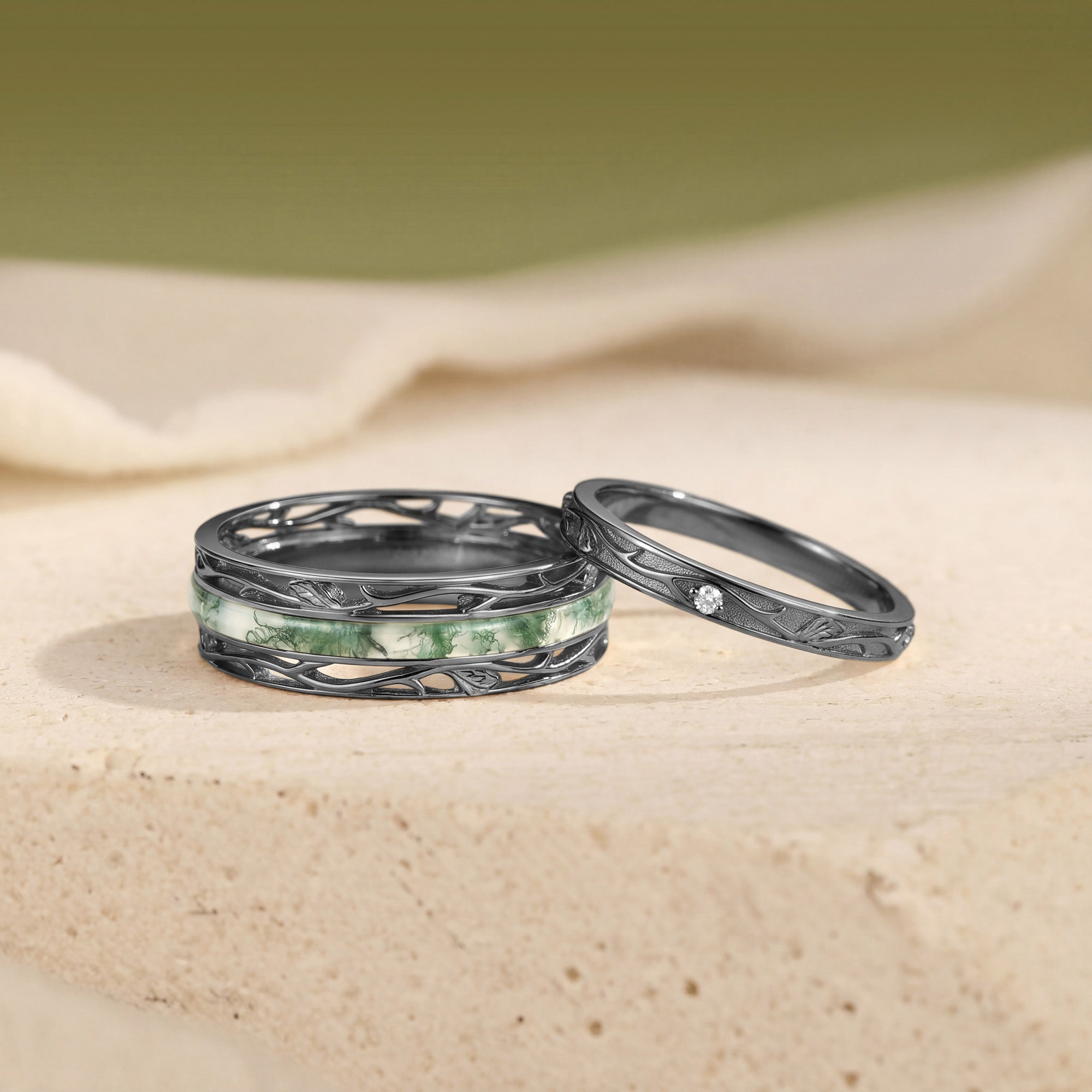 Moss Agate Inlay Engraved Anniversary Promise Couple Rings